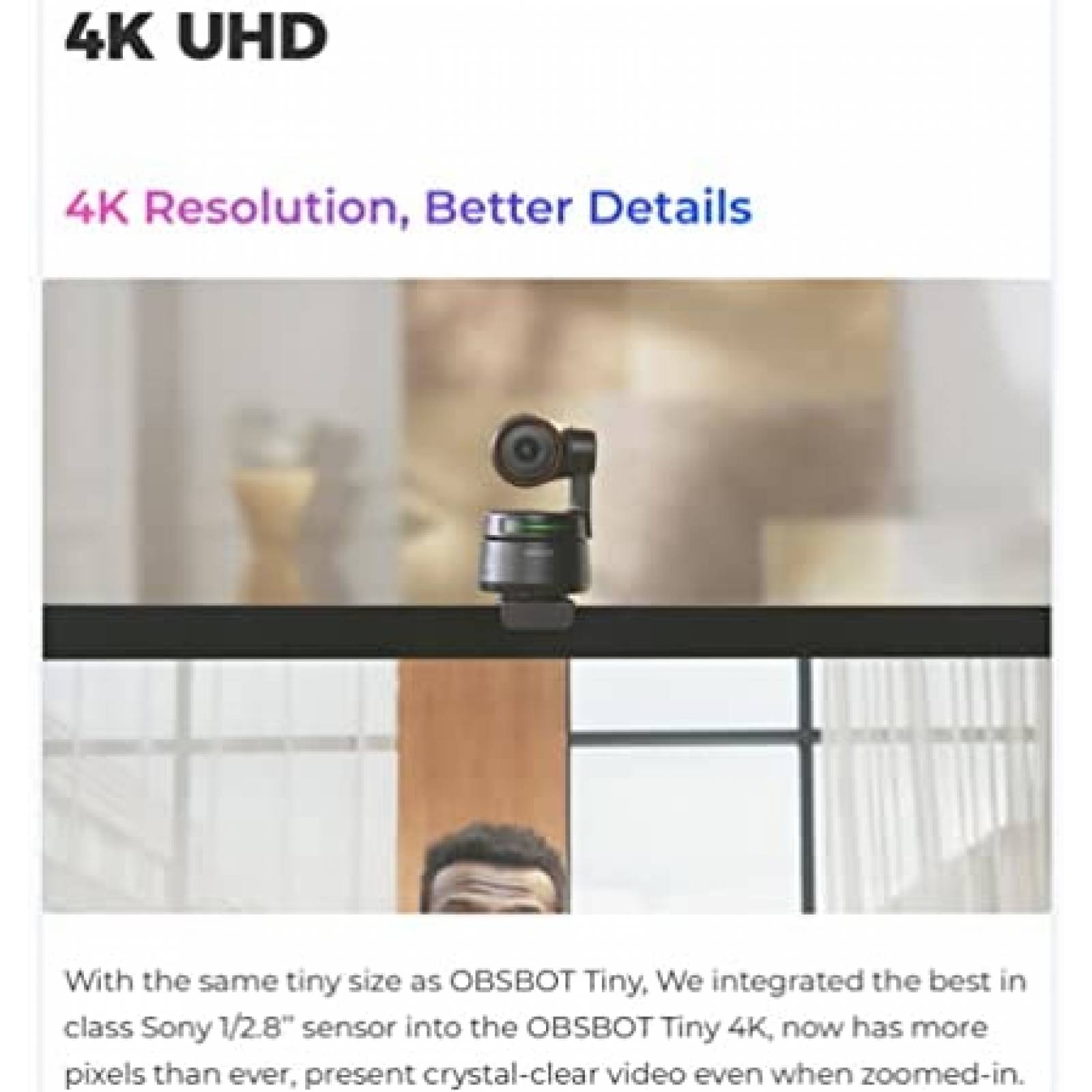 Webcam OBSBOT Tiny 4K HDR Con Zoom 1080P Microfono -Negro
