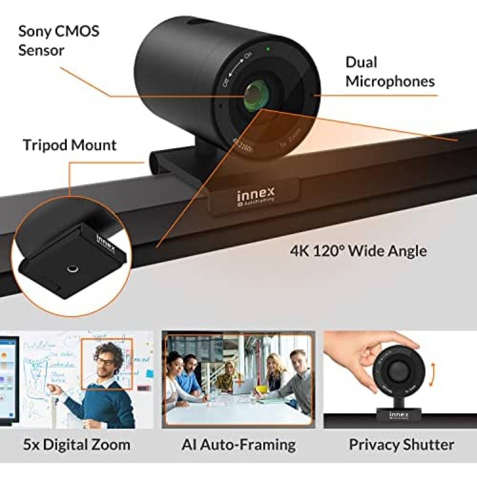 Webcam Innex Zoom optico 1080P HD USB+Accesorio -Negro