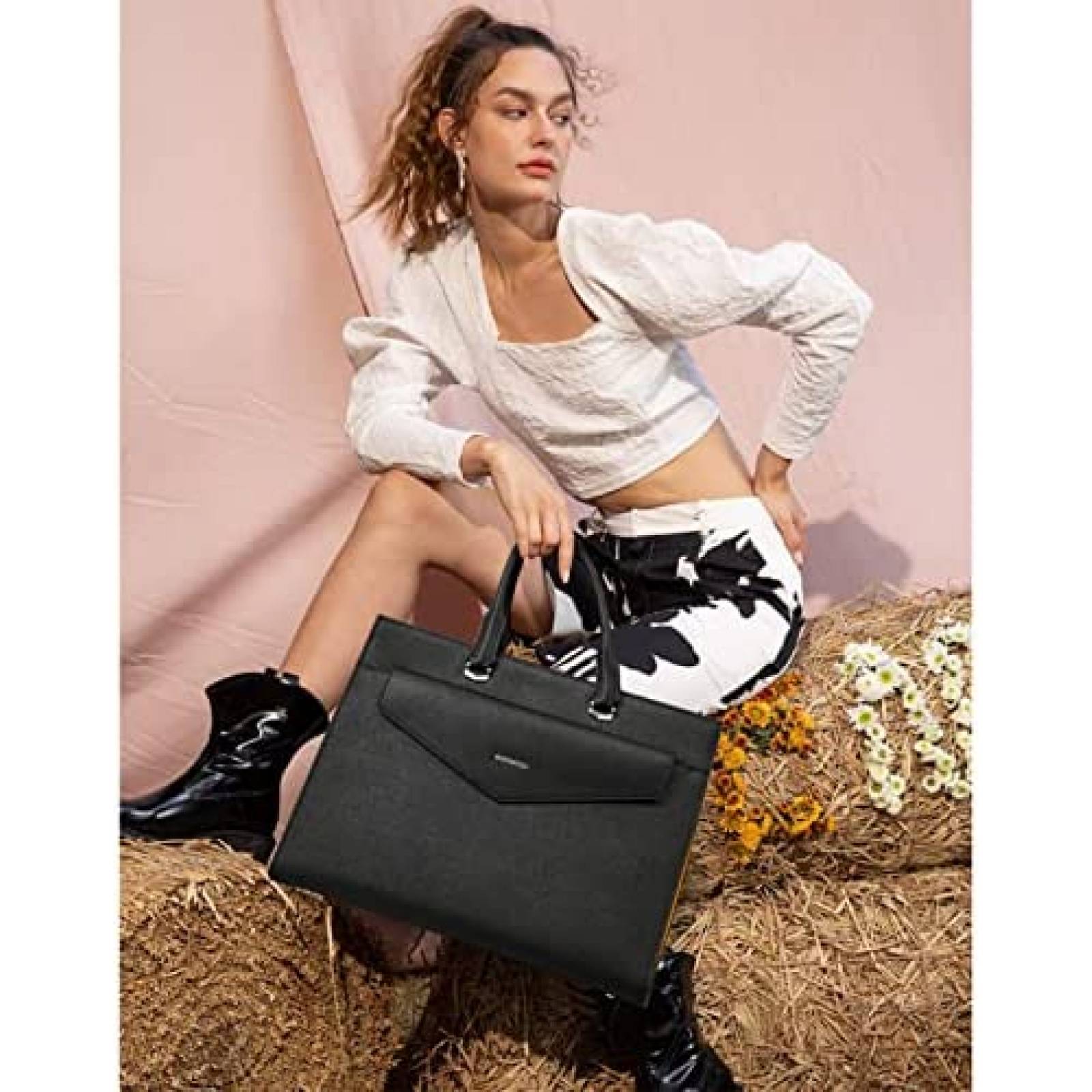 Maletin BOSTANTEN De Cuero Para Mujer Laptop 15.6 -Negro