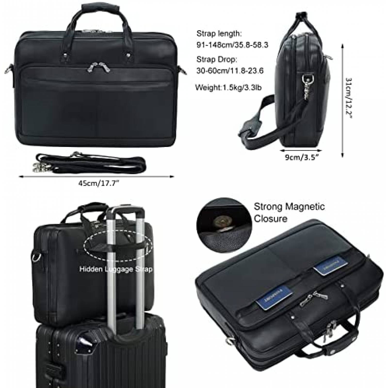 Maletin Masa Kawa De Cuero Para Hombre Laptop 17'' -Negro