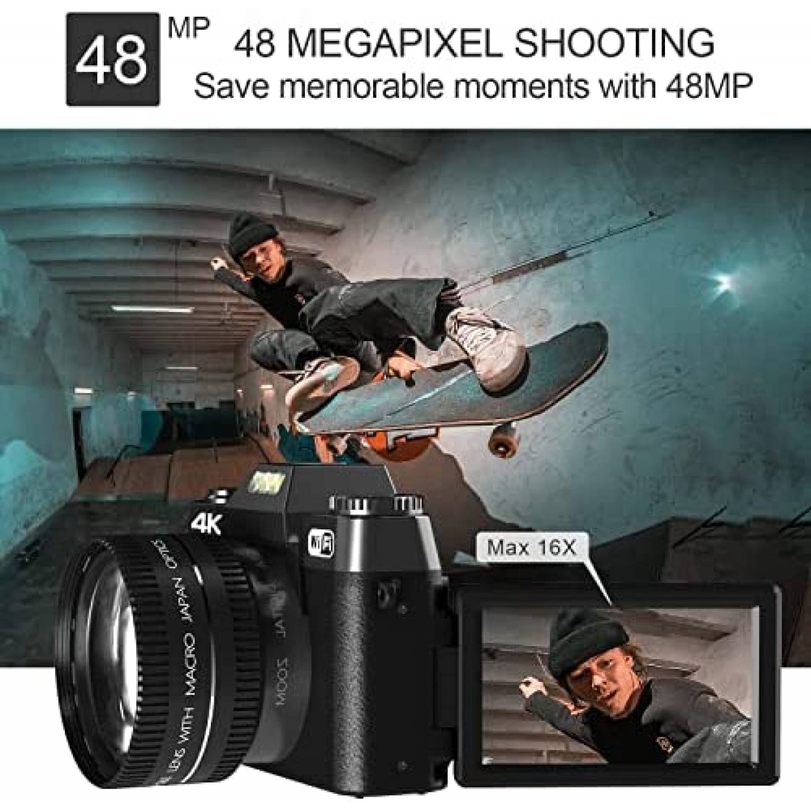 Camara Digital VJIANGER 4K 48MP Vlogging 16x Zoom -Negro