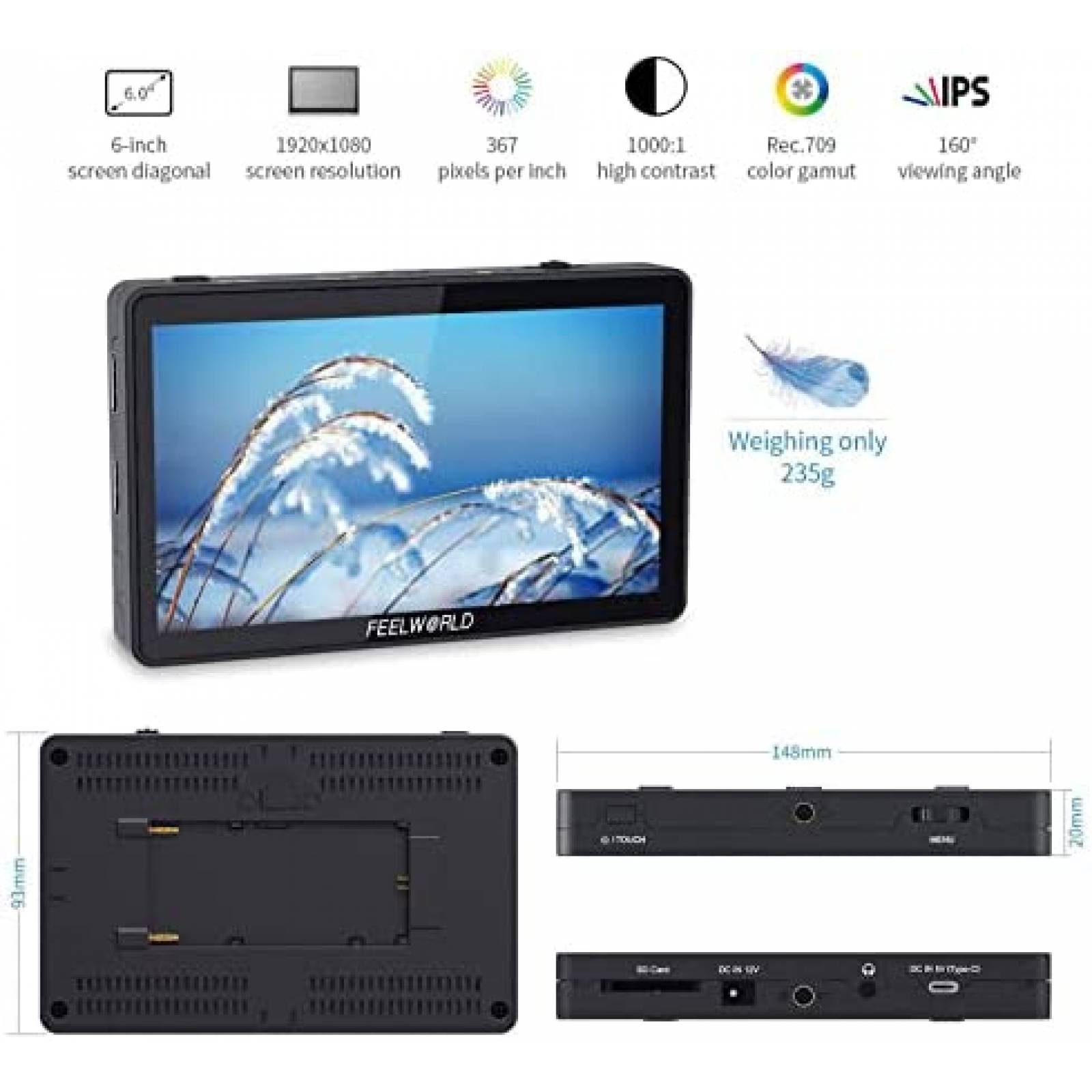 Monitor De Camara FEELWORLD F6 Plus V2 6" Tactil con Brazo