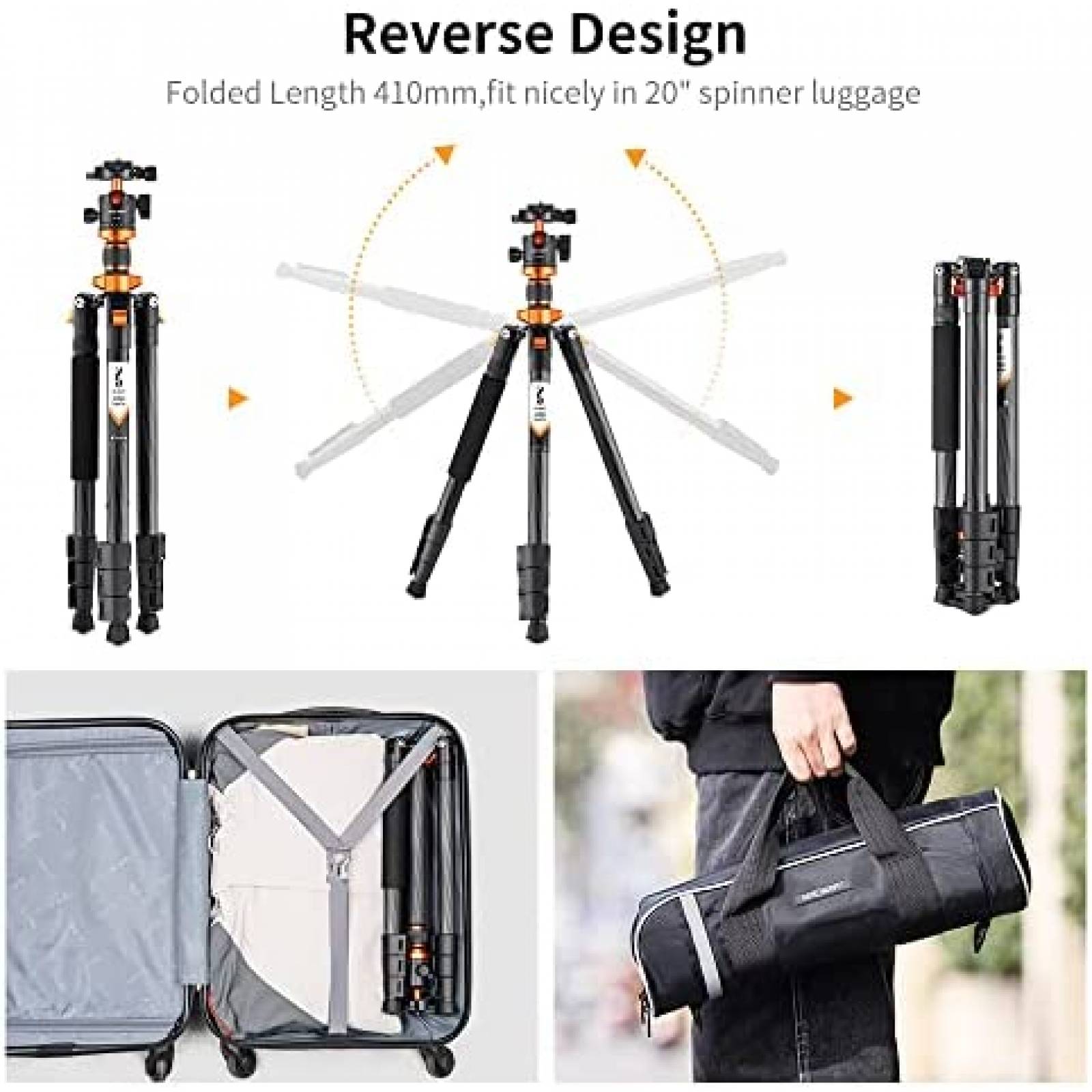 Tripie K&F Concept Fibra de Carbono de 63" Carga 10 kg