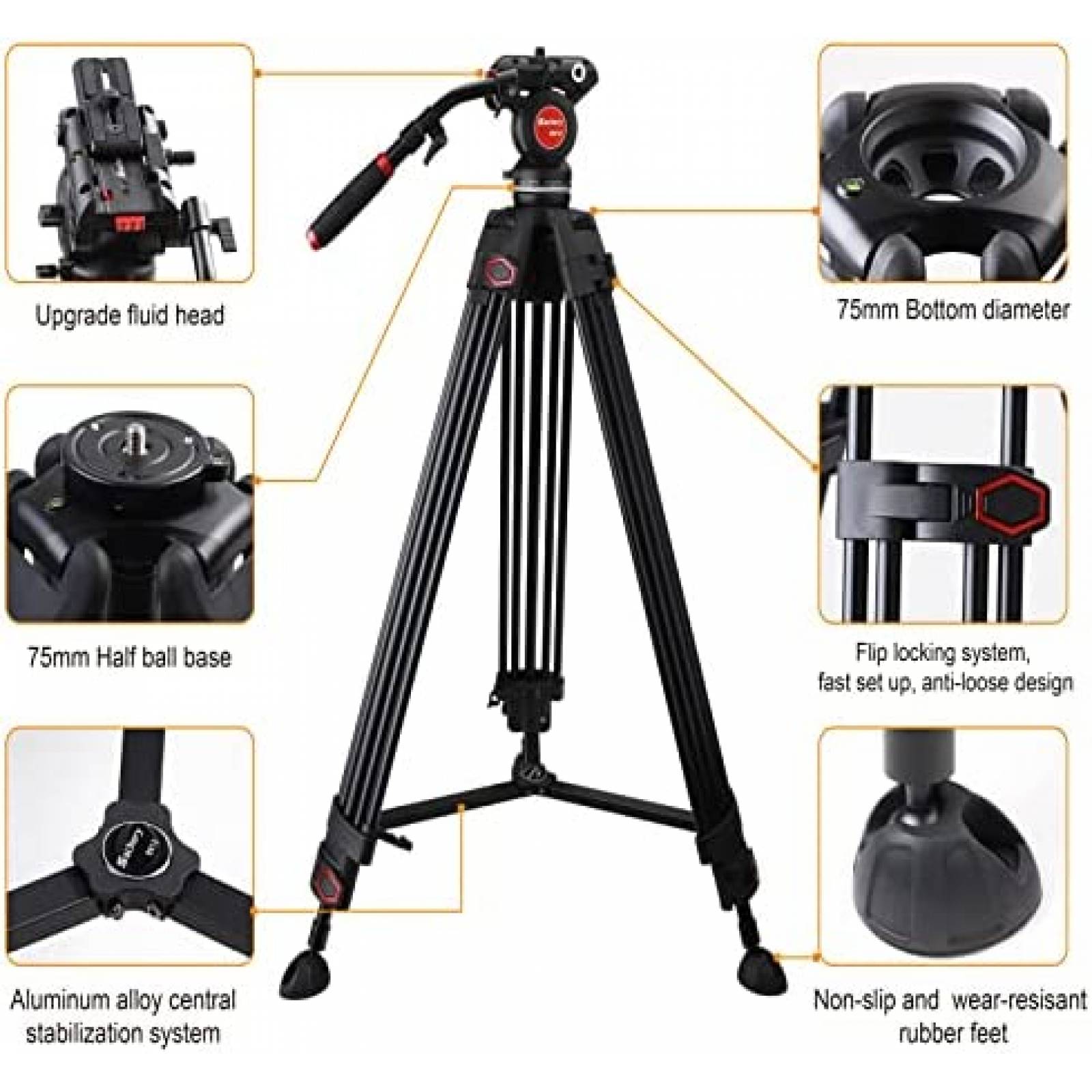 Tripie 72 Pulgadas Resistente Cabezal Fluido 360 Carga 12 kg