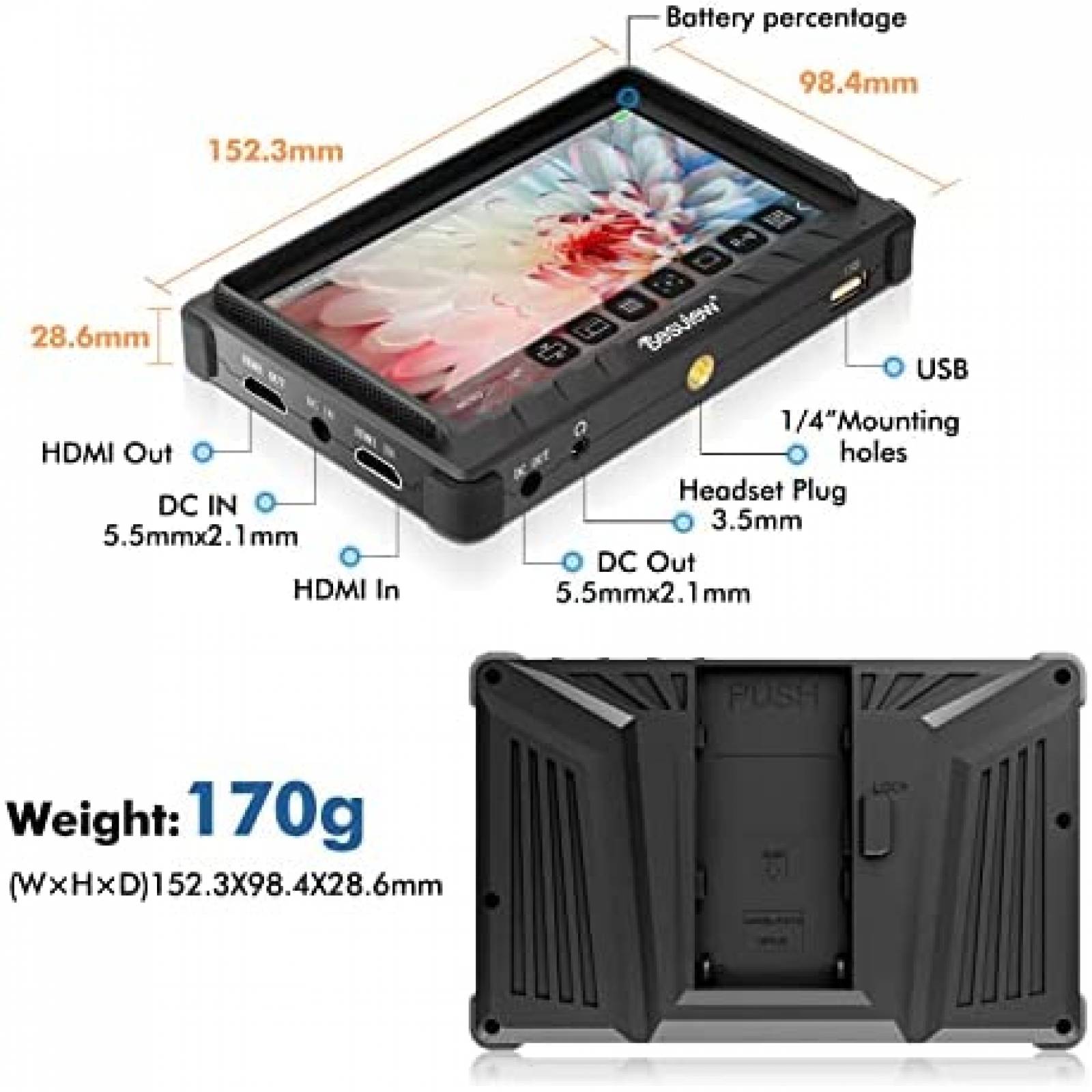 Monitor de Campo para Camara Desview P5II 4K DSLR Resistente