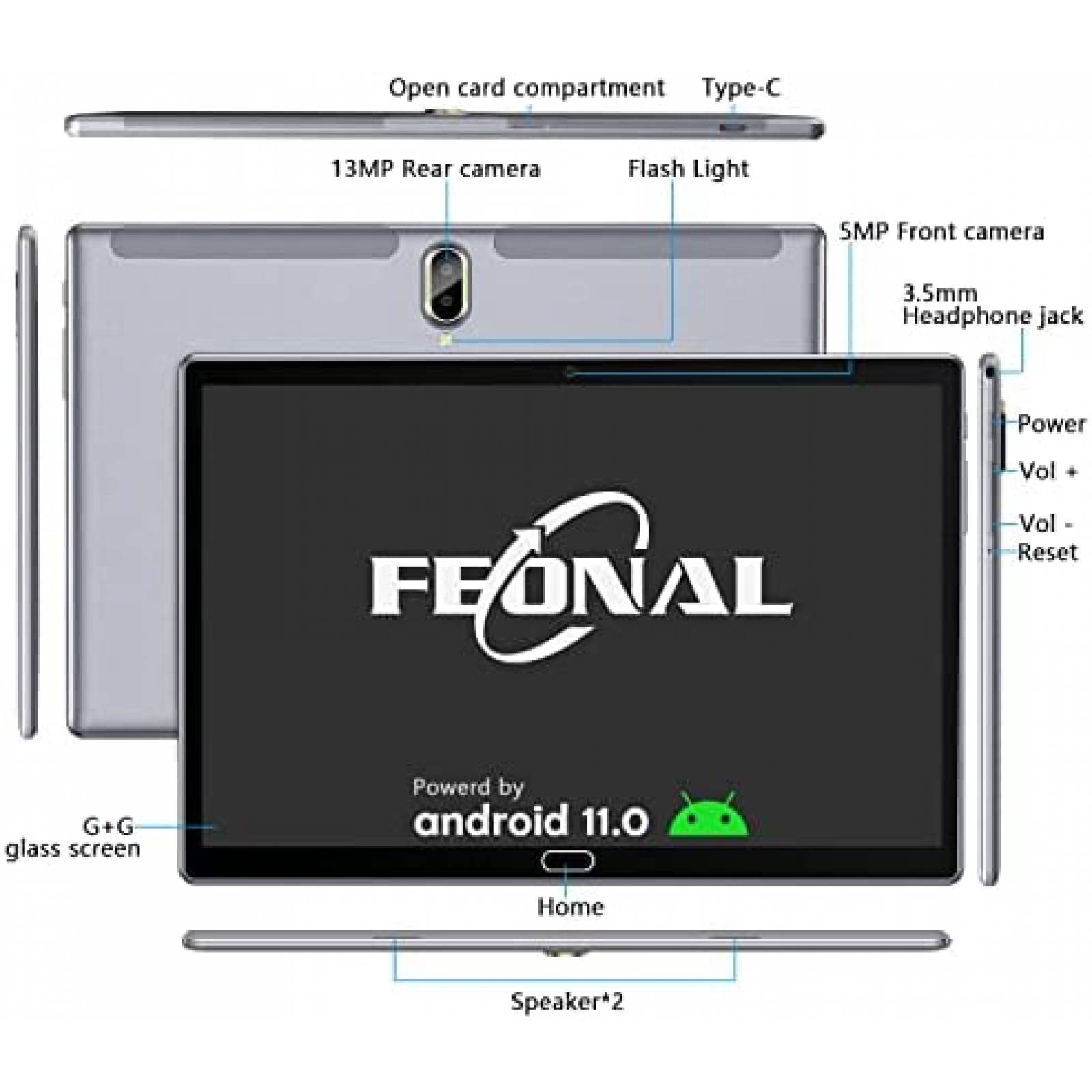 Tablet FEONAL 10'' Octa-Core 4GB RAM 64GB ROM 13MP -Gris
