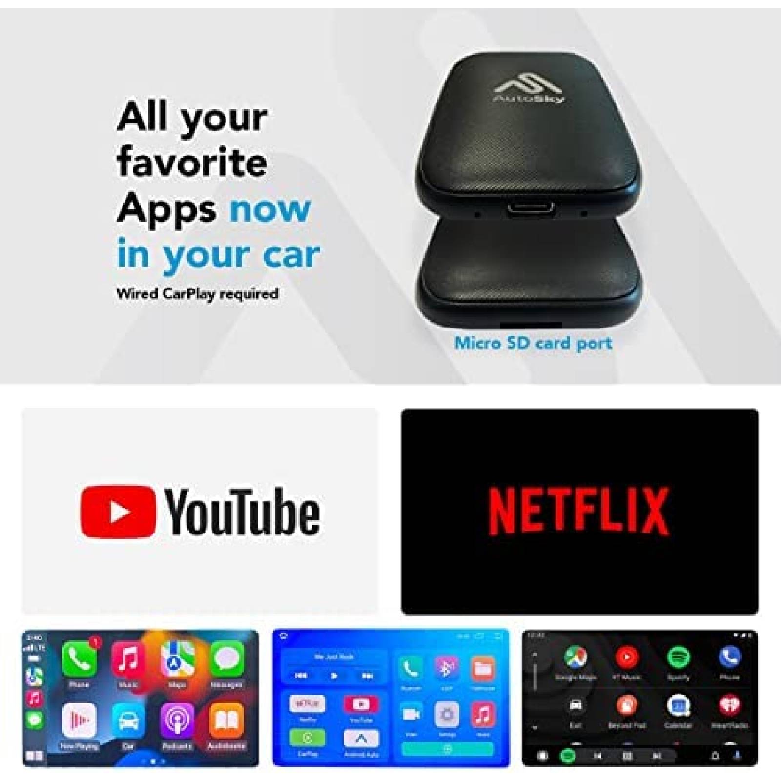 Carplay Adaptador Inalambrico AutoSky Para Automoviles Negro