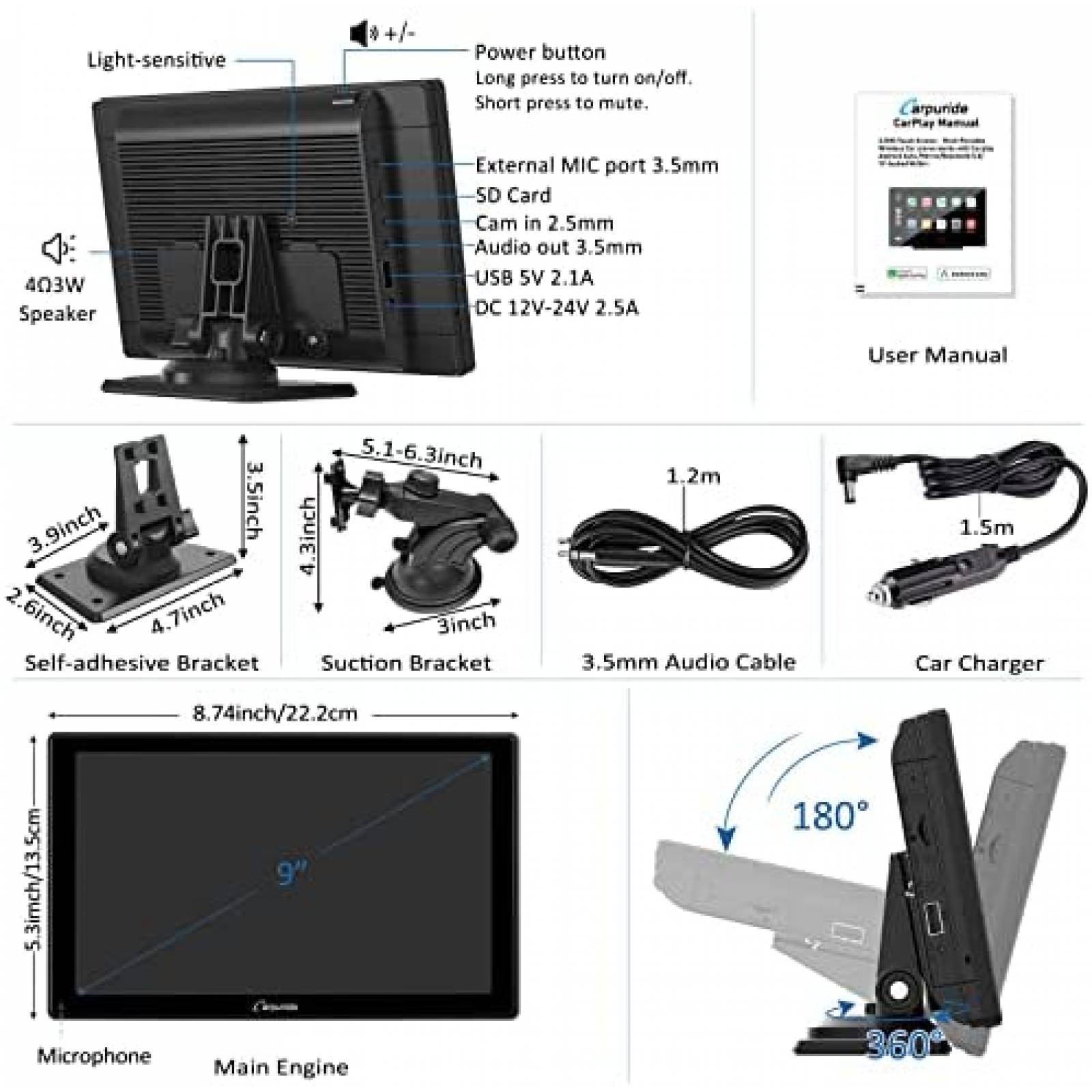 Estereo Portatil para Carro CARPURIDE 9" Pantalla Tactil