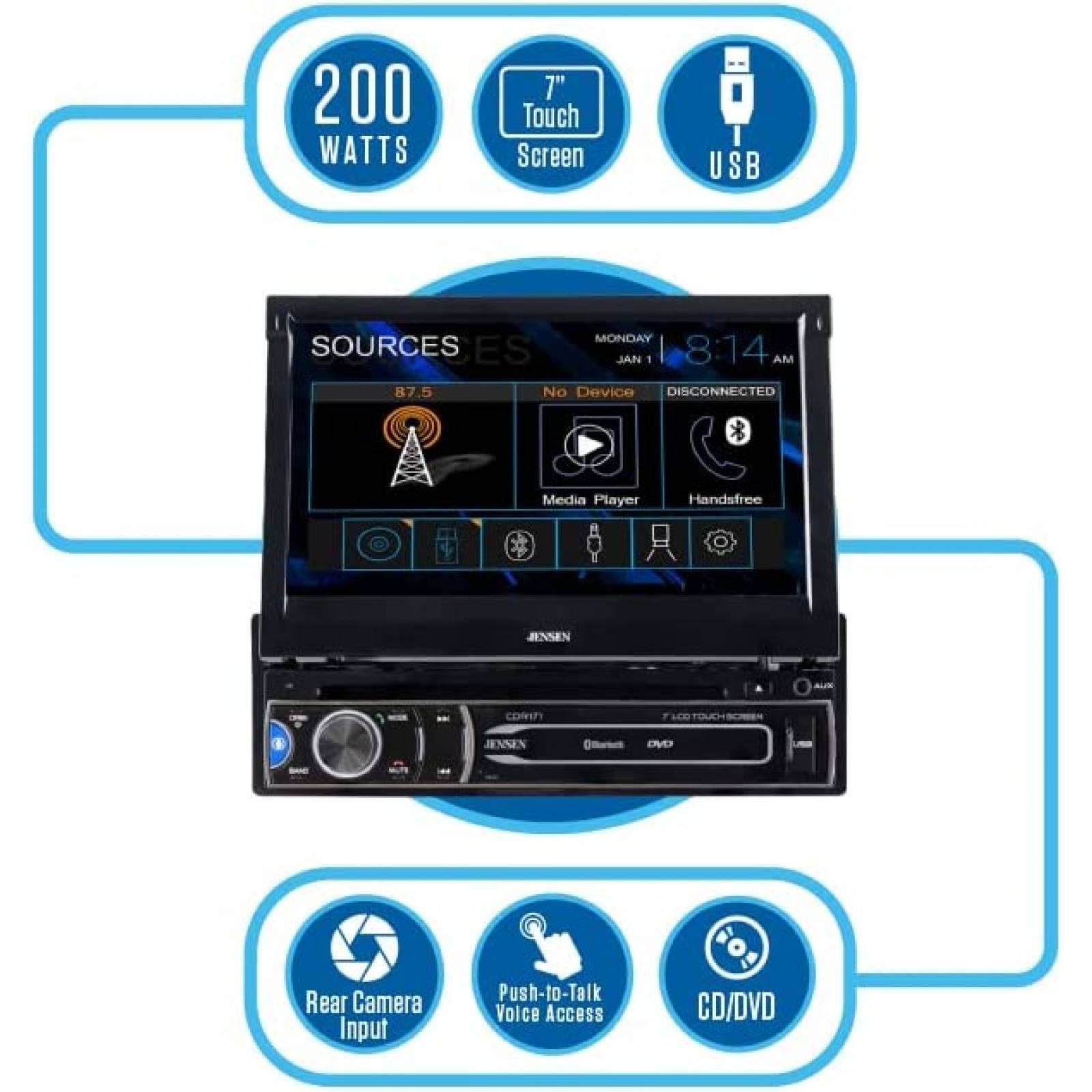 Estereo De Coche JENSEN Un Din Bluetooth 7 Pulgadas -Negro