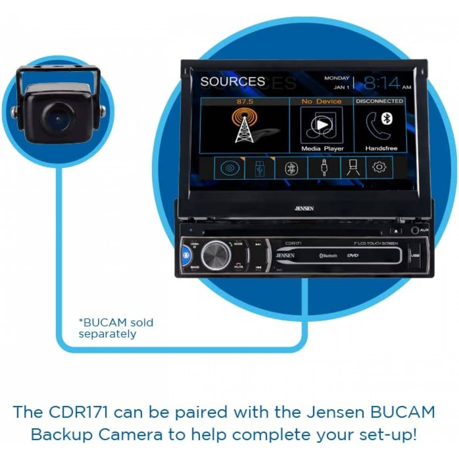 Estereo De Coche JENSEN Un Din Bluetooth 7 Pulgadas -Negro