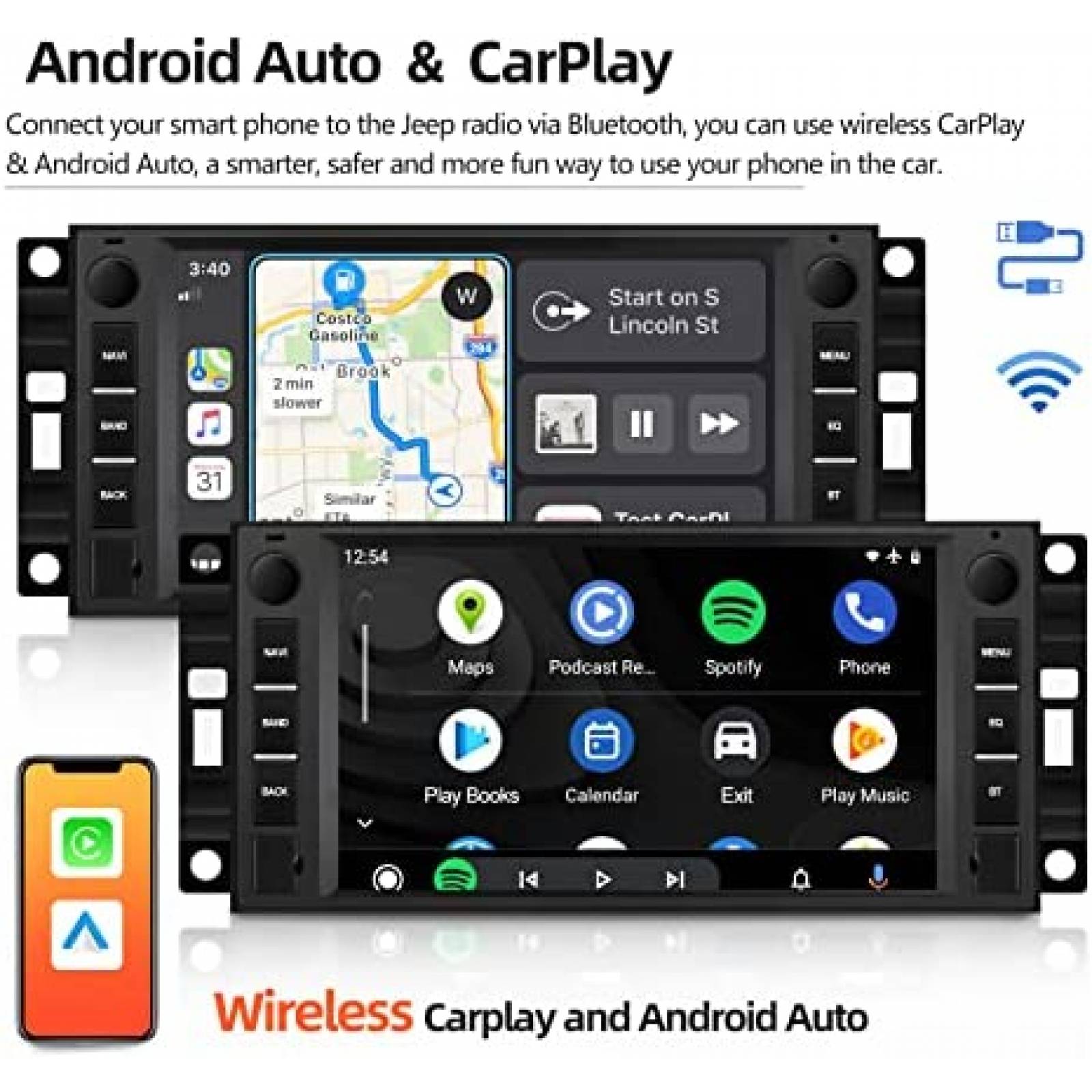 Estéreo de coche Android inalámbrico CarPlay Android Auto para Jeep JK  Wrangler Patriot Compass Dodge, pantalla táctil de 7 pulgadas, radio de  coche