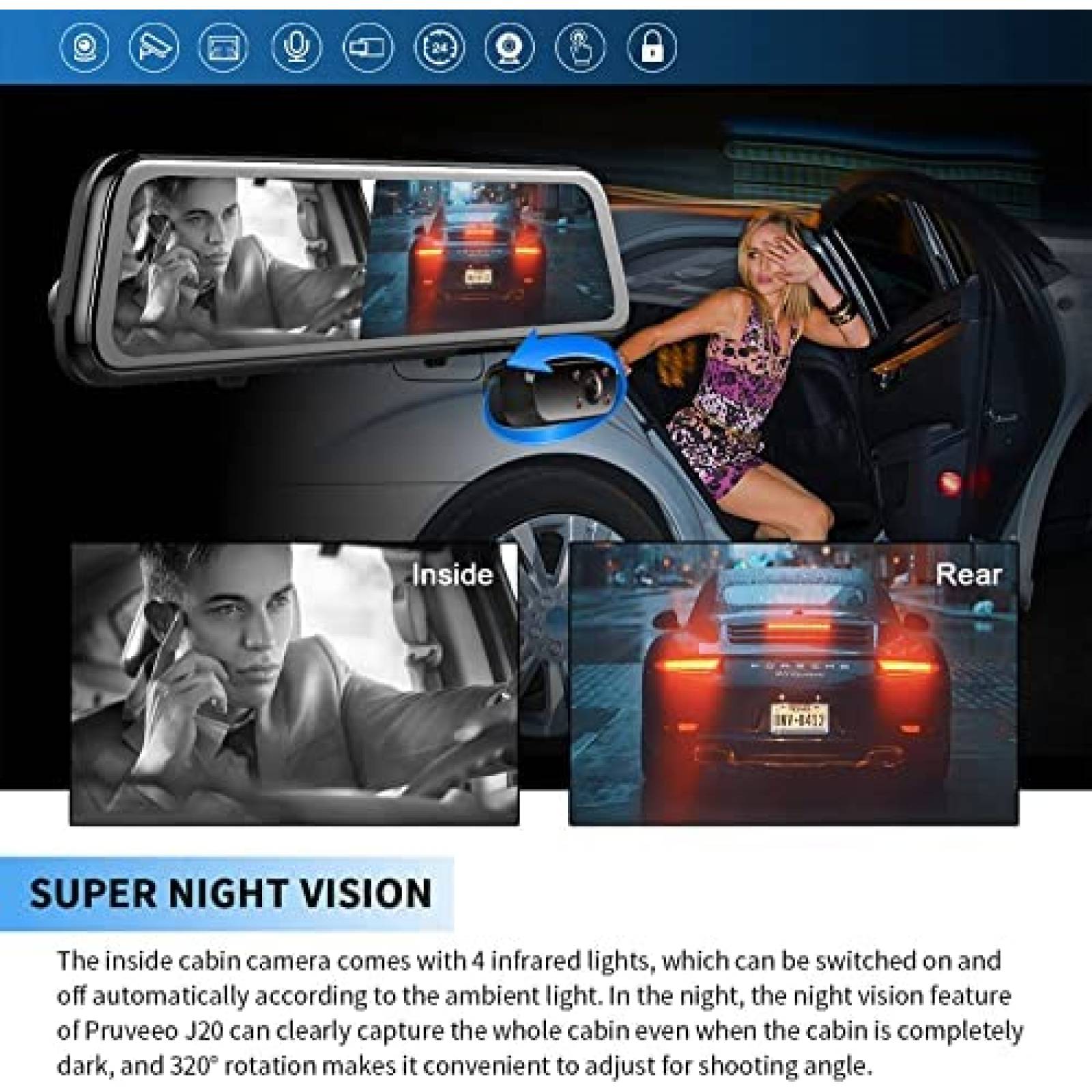 Retrovisor 3 Camaras PRUVEEO J30 12'' Touch GPS + Sensor -N