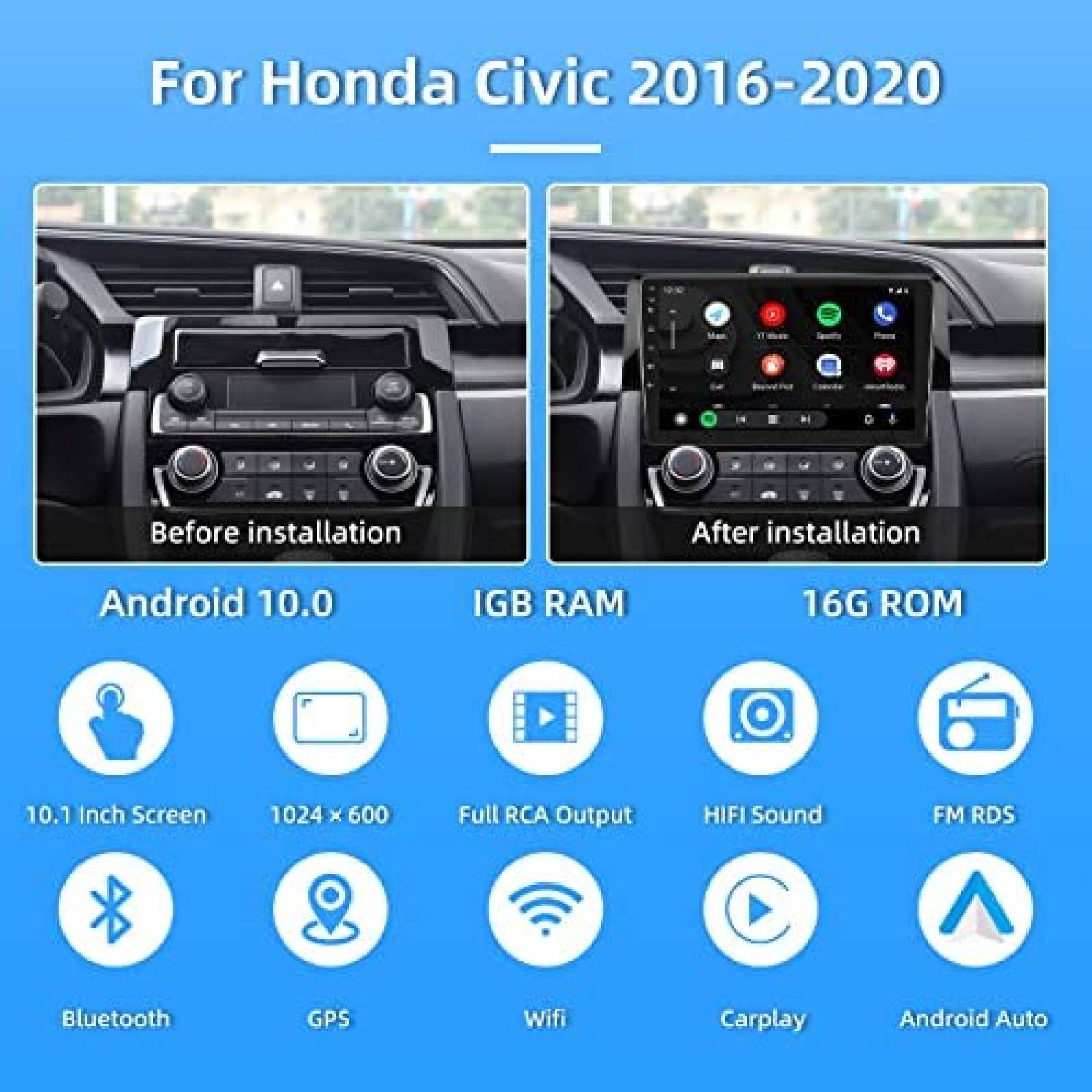 Podofo Estéreo de coche Android doble DIN de 10.1 pulgadas, radio de coche  2.5D HD pantalla táctil principal con Bluetooth GPS soporte WiFi FM Radio