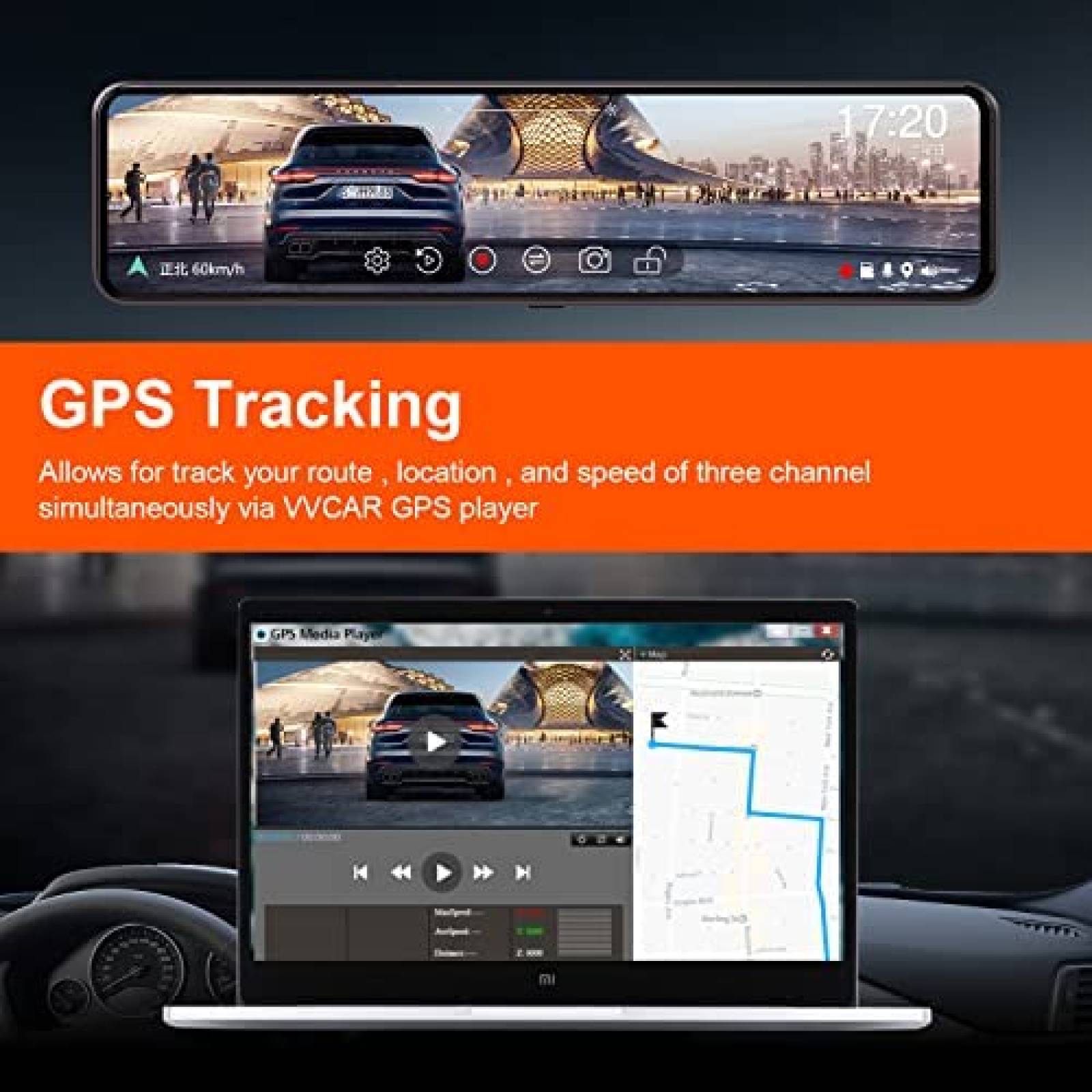 Retrovisor 3 Cams VVCAR VC40 11'' Touch GPS Carga C -Negro