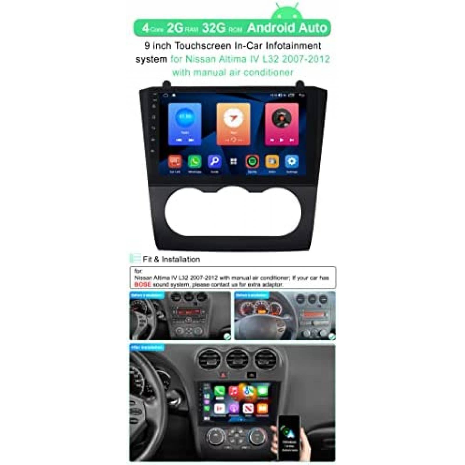 Estereo Auto Asure para Nissan Altima 2007-2012 9 pulg Negro