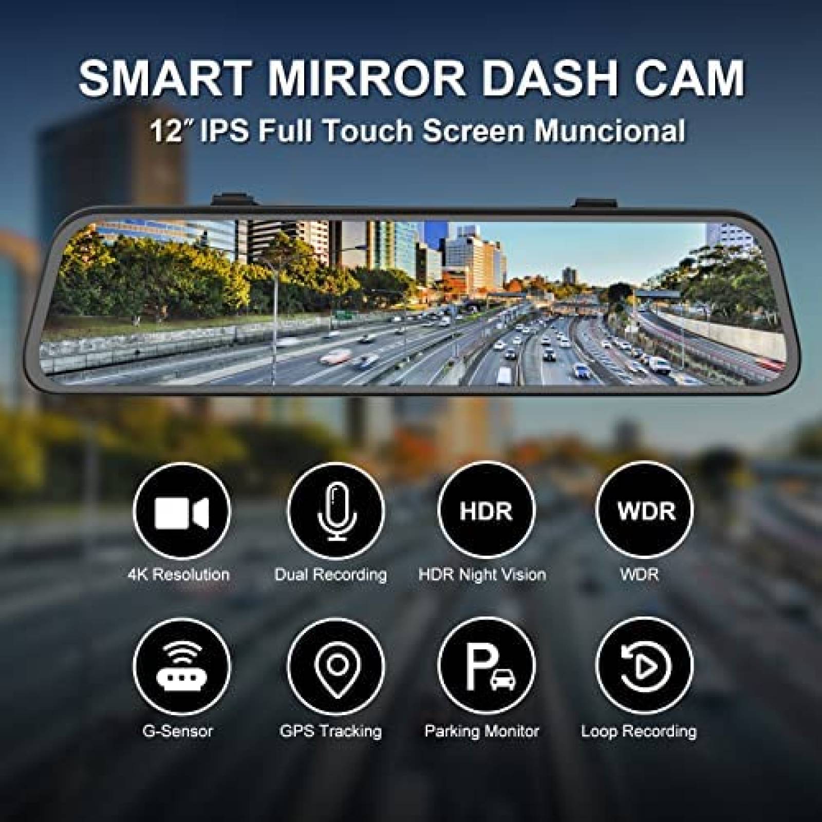 Retrovisor 2 Camaras PRUVEEO J40 12'' Touch GPS + Sensor -N