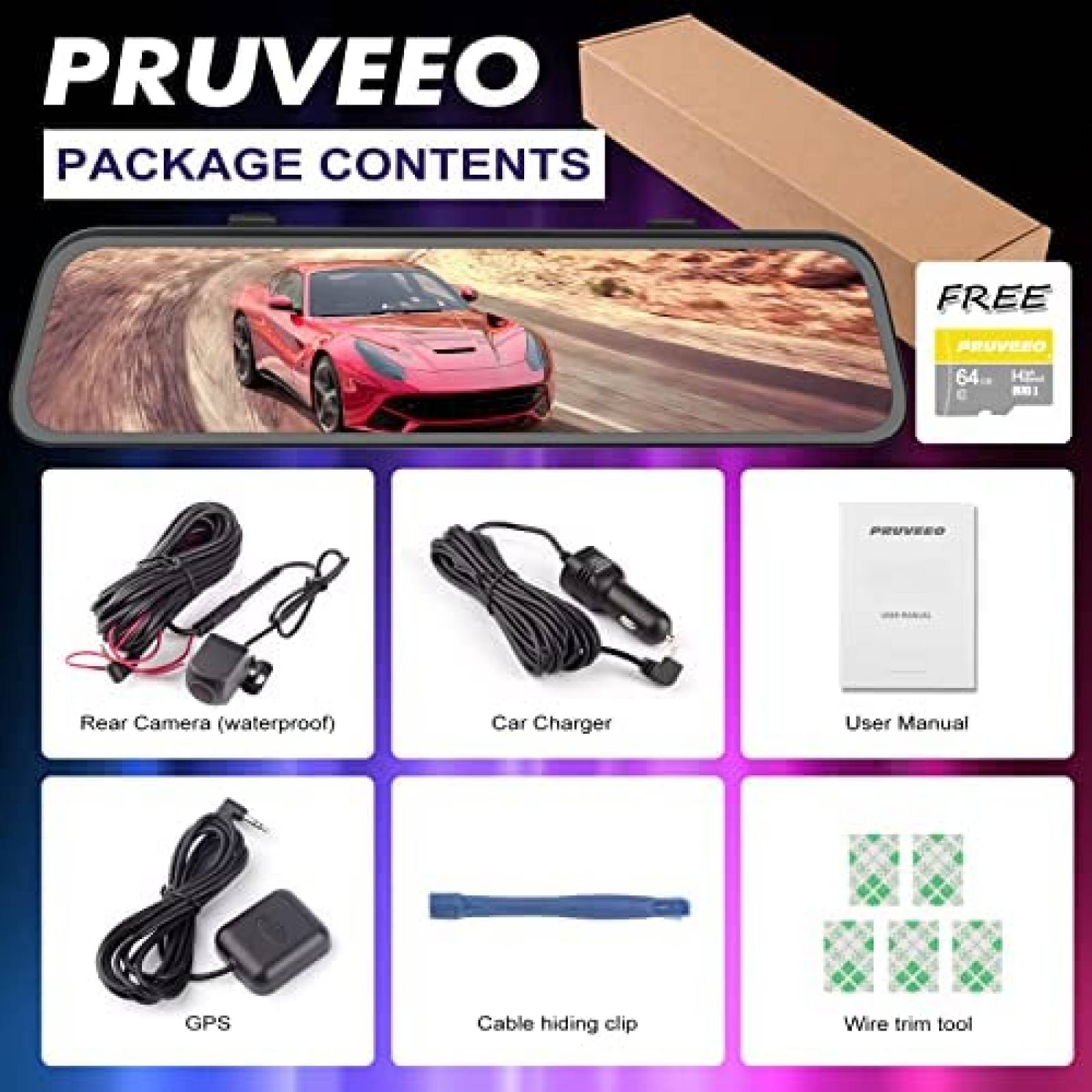 Retrovisor 2 Camaras PRUVEEO J40 12'' Touch GPS + Sensor -N