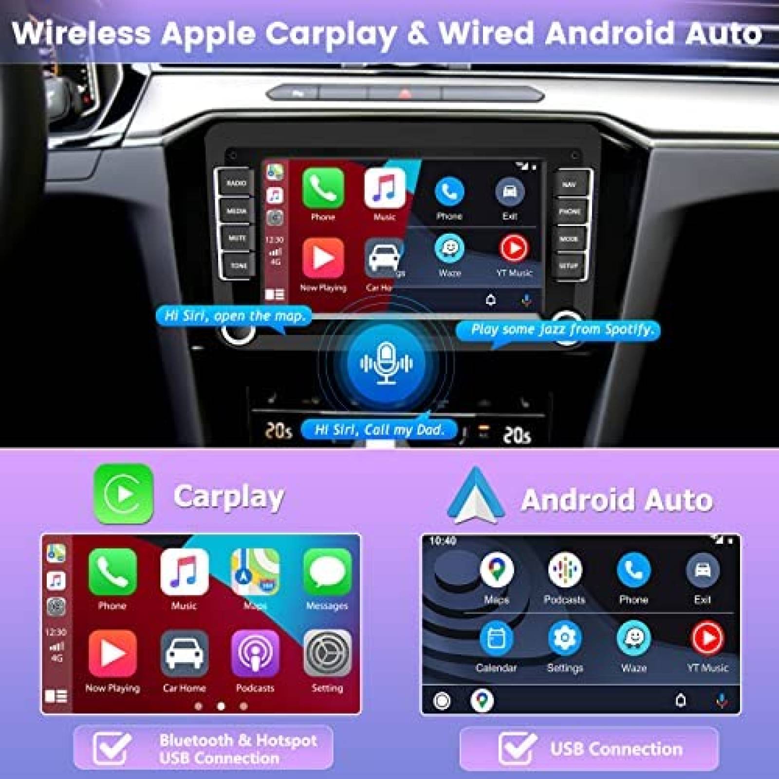 Android 11 Doble DIN estéreo inalámbrico para automóvil Apple Carplay  Android Auto Radio, Hikity 9 pulgadas pantalla táctil receptor de audio  para