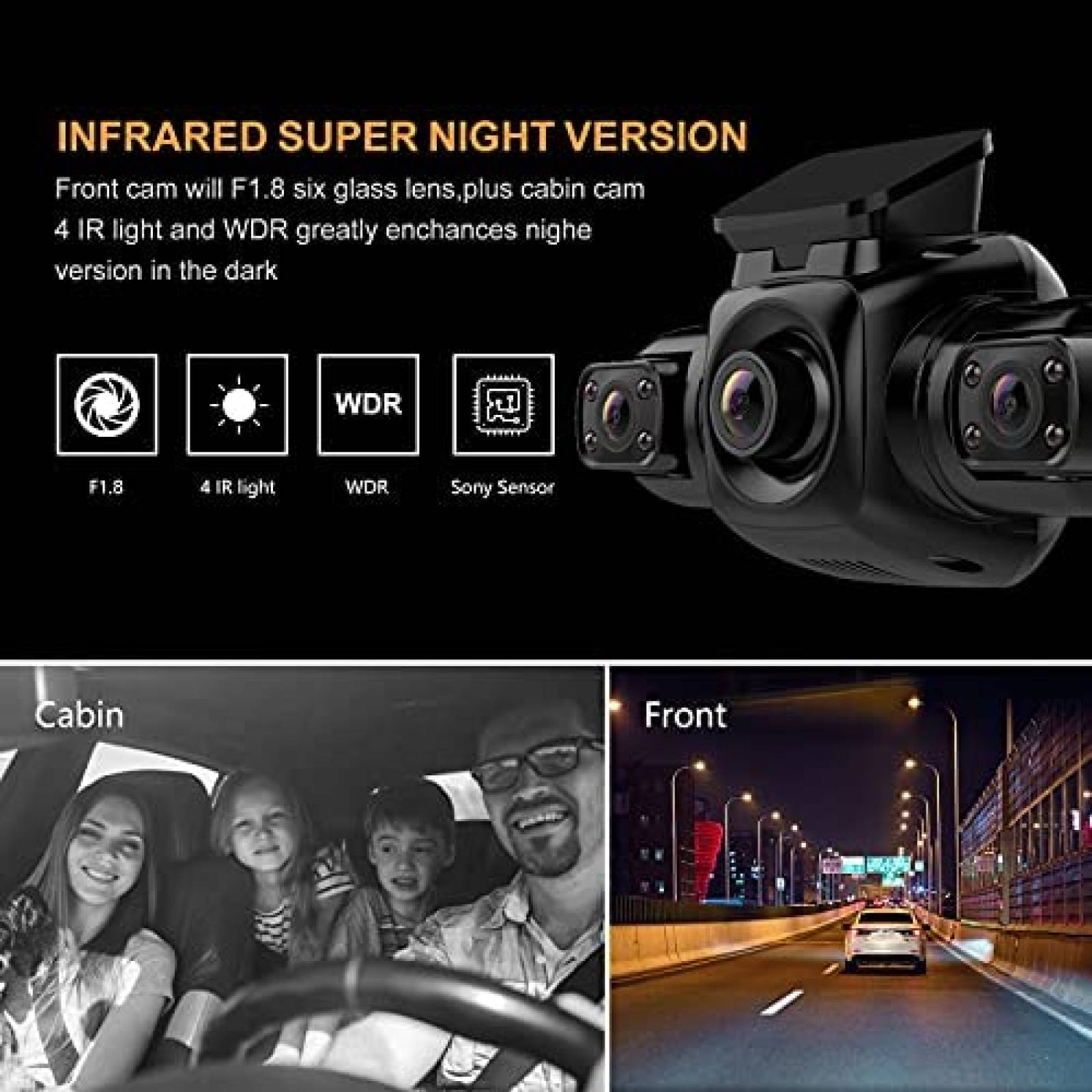 Camara Auto RISERO R80 Dash Cam 3 Canales 1080P IR Wifi