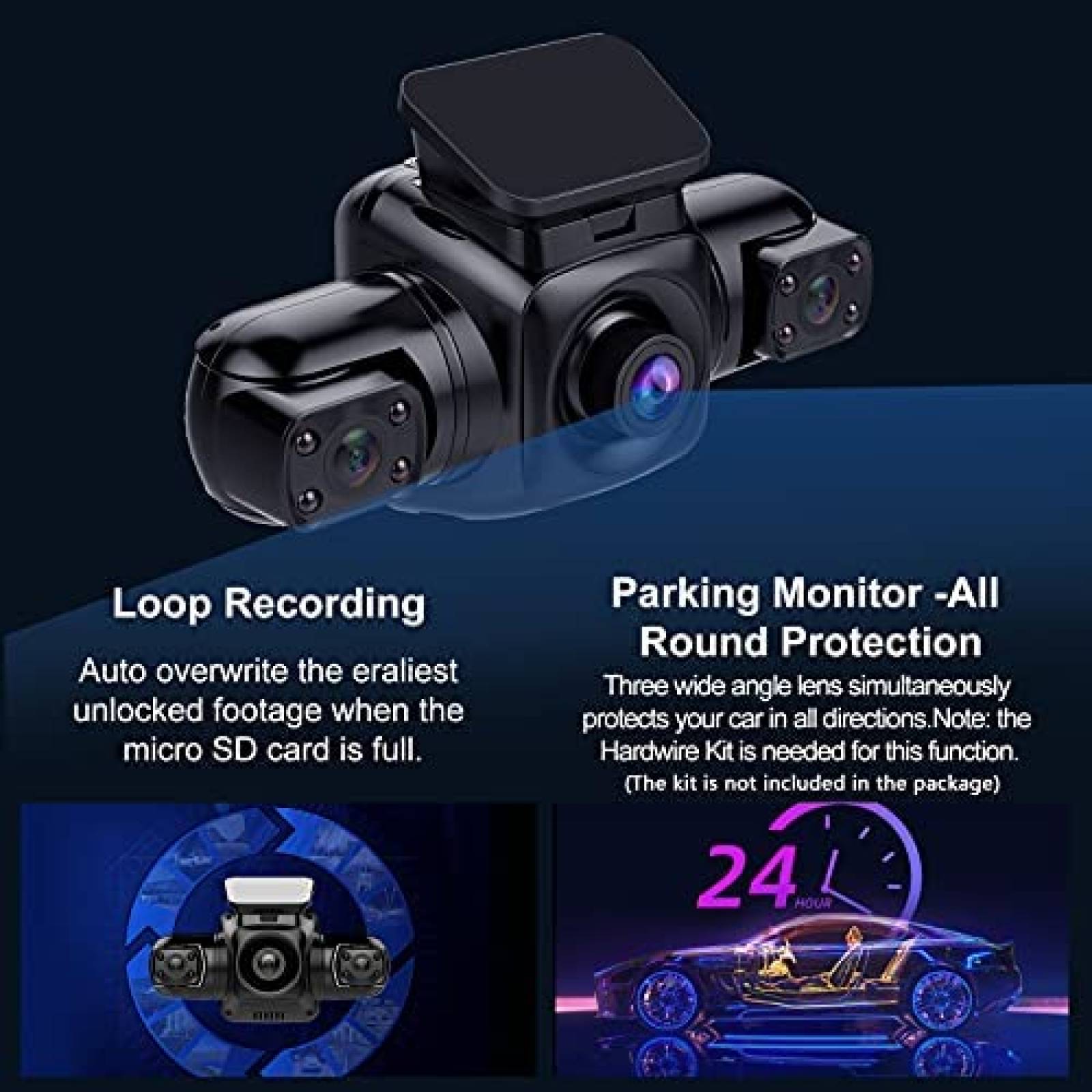 Camara Auto RISERO R80 Dash Cam 3 Canales 1080P IR Wifi