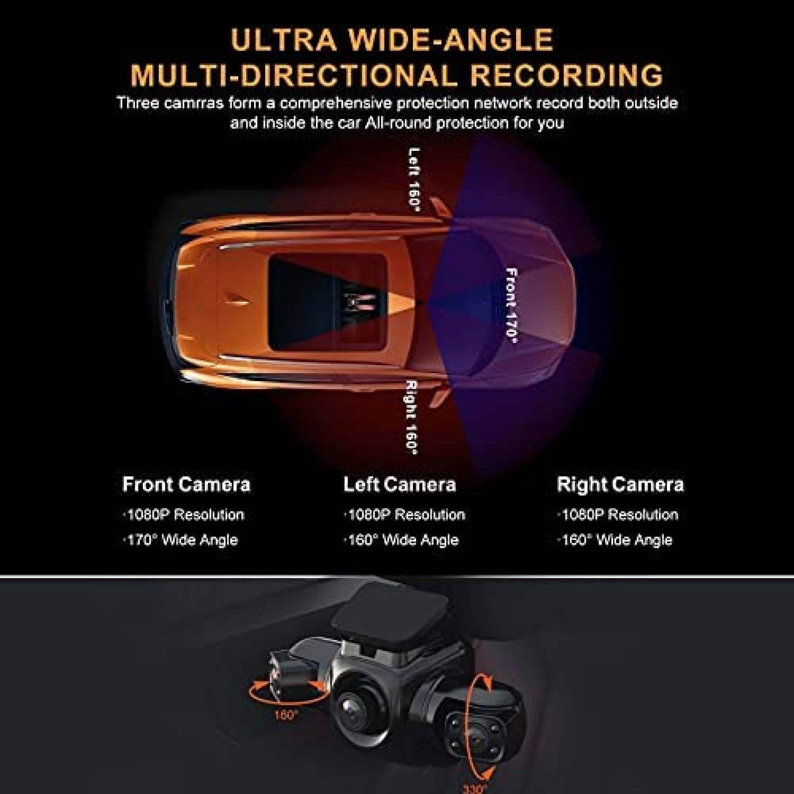 Camara Auto RISERO R80 Dash Cam 3 Canales 1080P IR Wifi