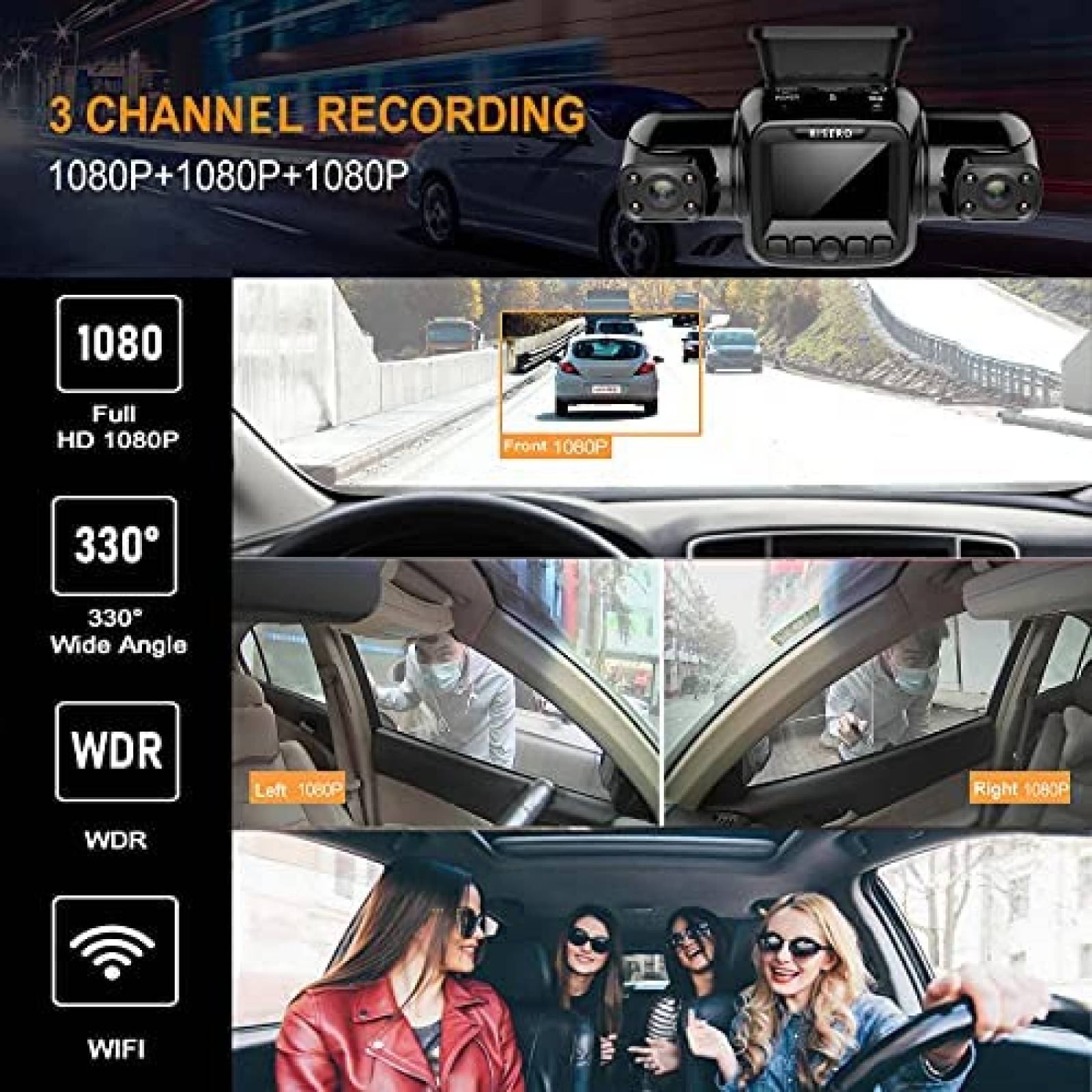 Camara Auto RISERO R80 Dash Cam 3 Canales 1080P IR Wifi
