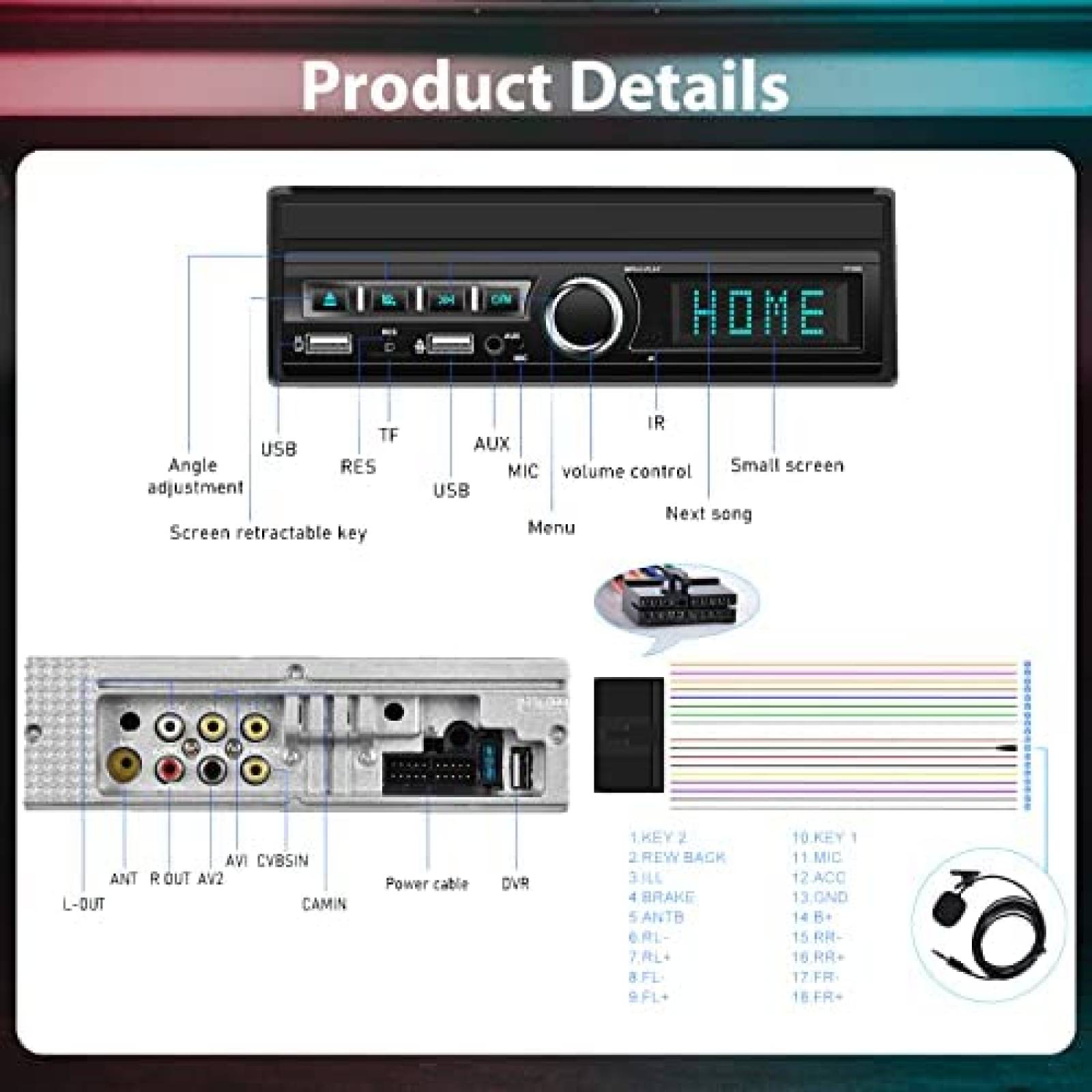 Estereo para Auto Podofo 7'' con Camara + Microfono -Negro
