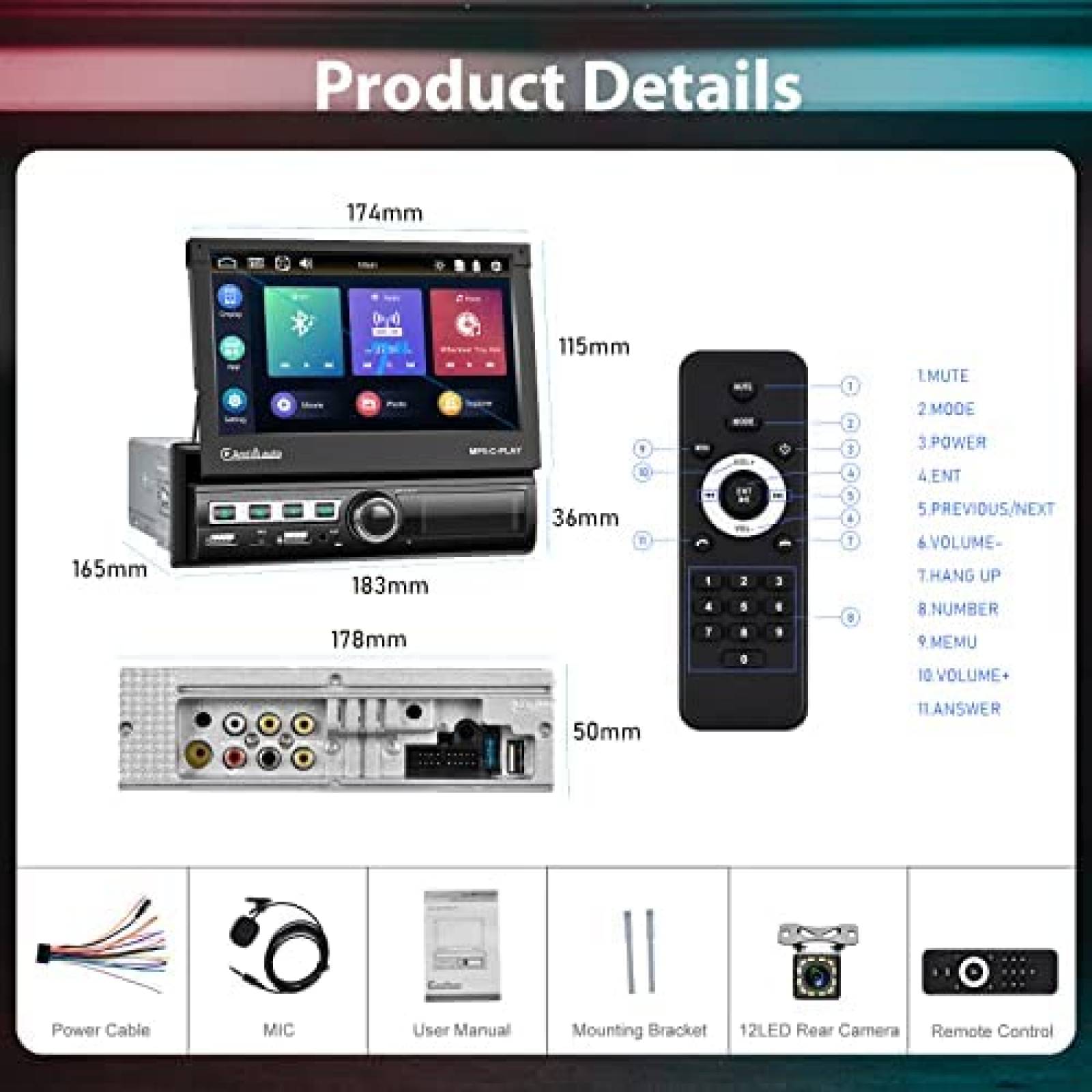 Estereo para Auto Podofo 7'' con Camara + Microfono -Negro