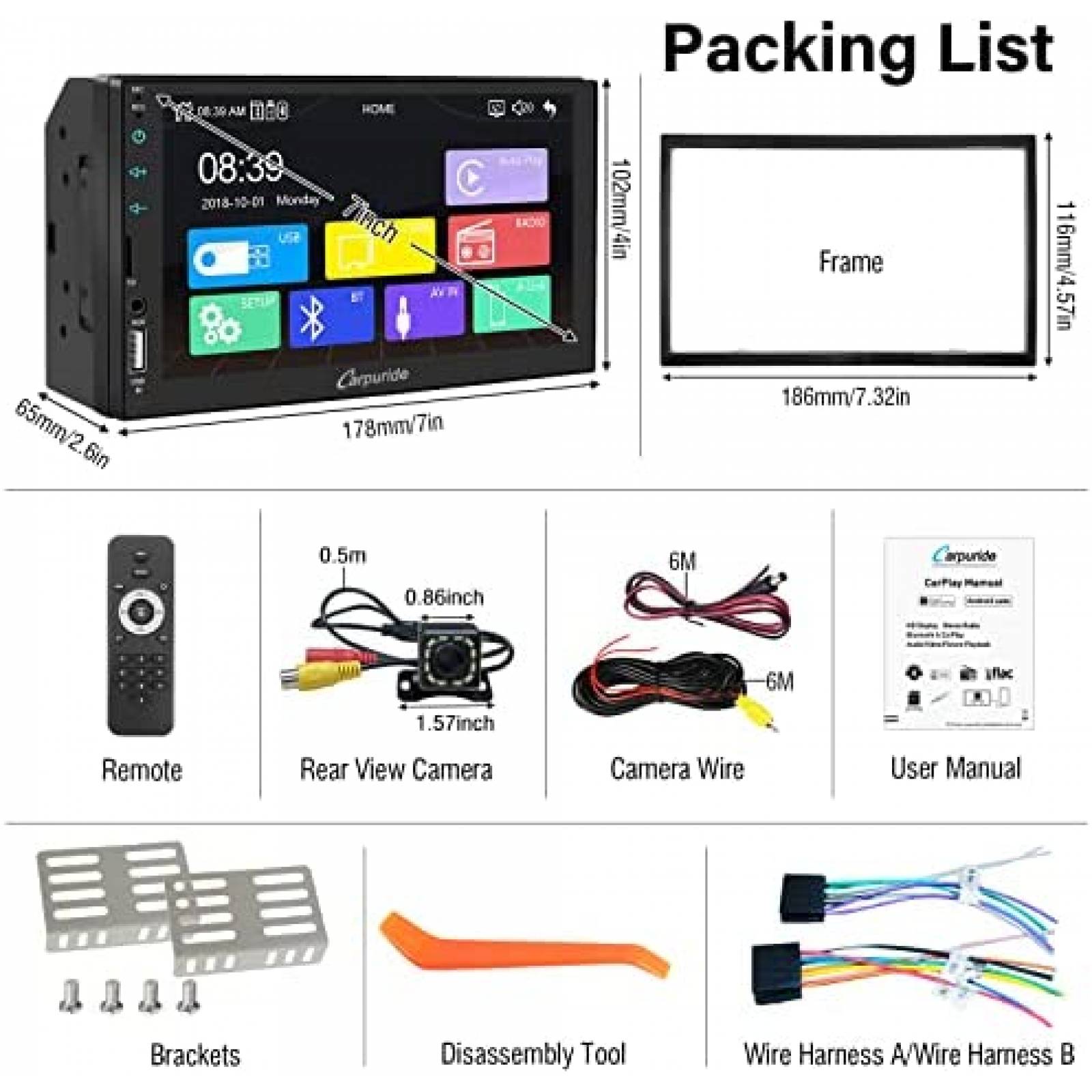 Estereo De Coche CARPURIDE Doble Din Bluetooth 7 Pulgadas