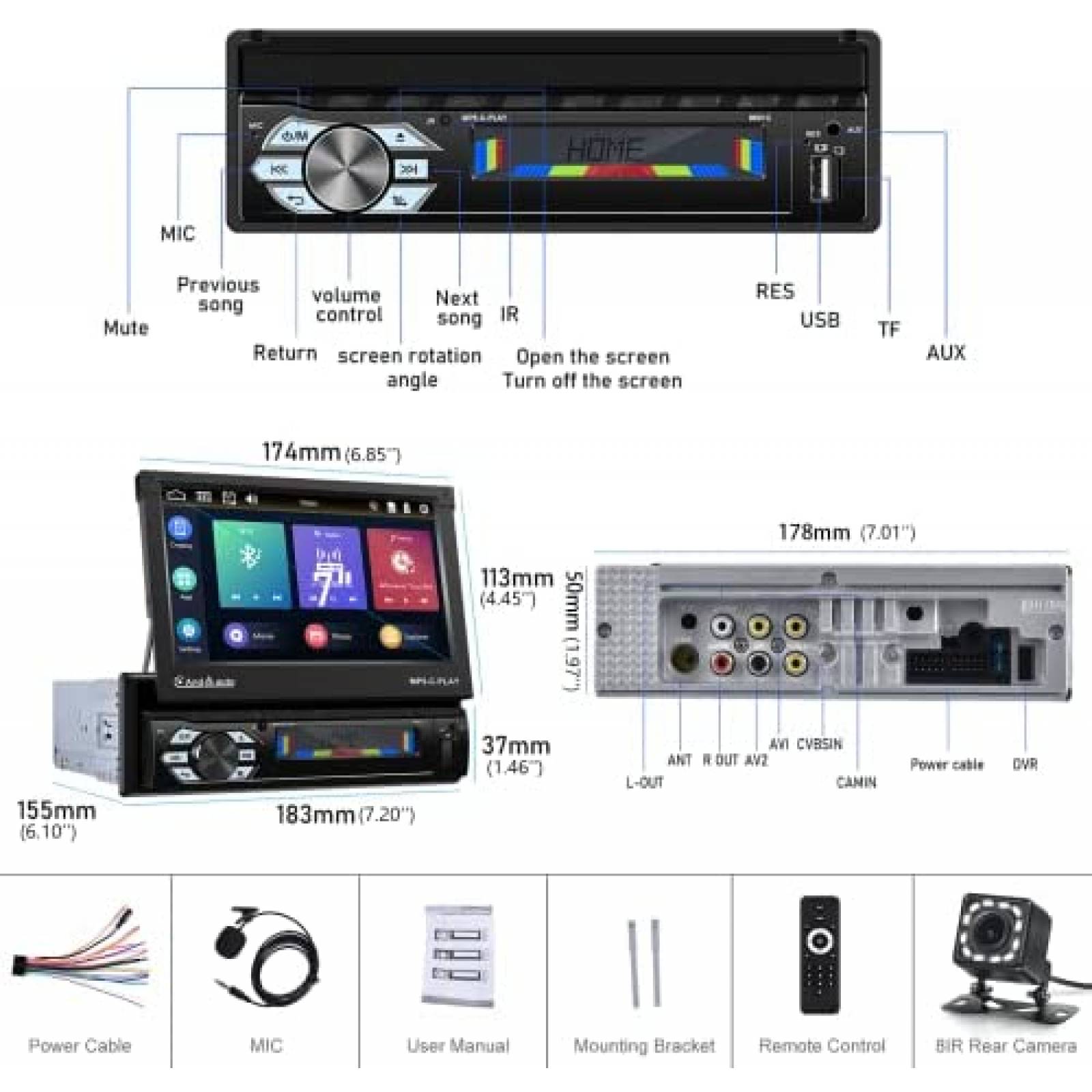 Estereo para Auto podofo 7'' Tactil Con Camara -Negro