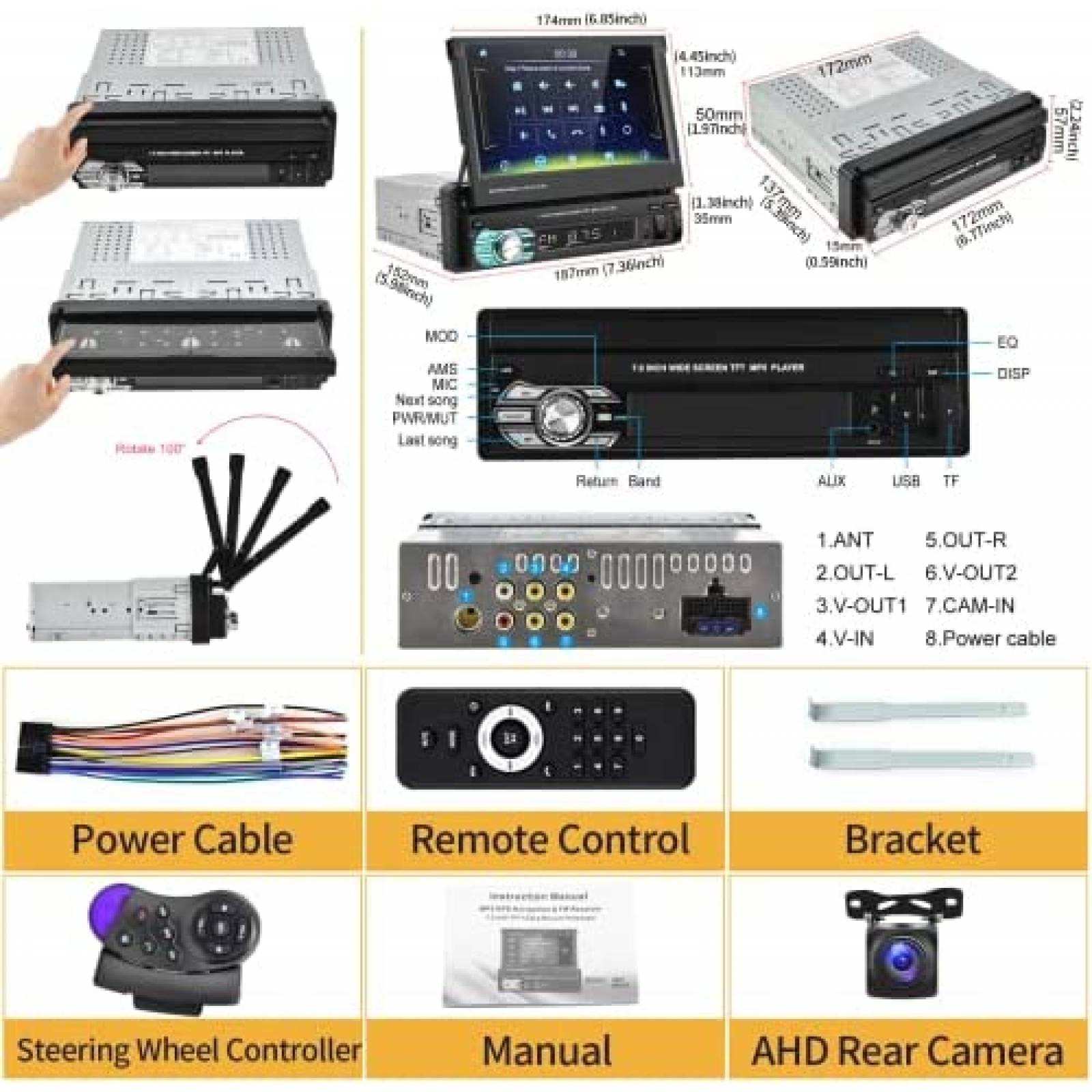 Estereo Auto Podofo 7" Touch 1 Din Bluetooth Camara -Negro
