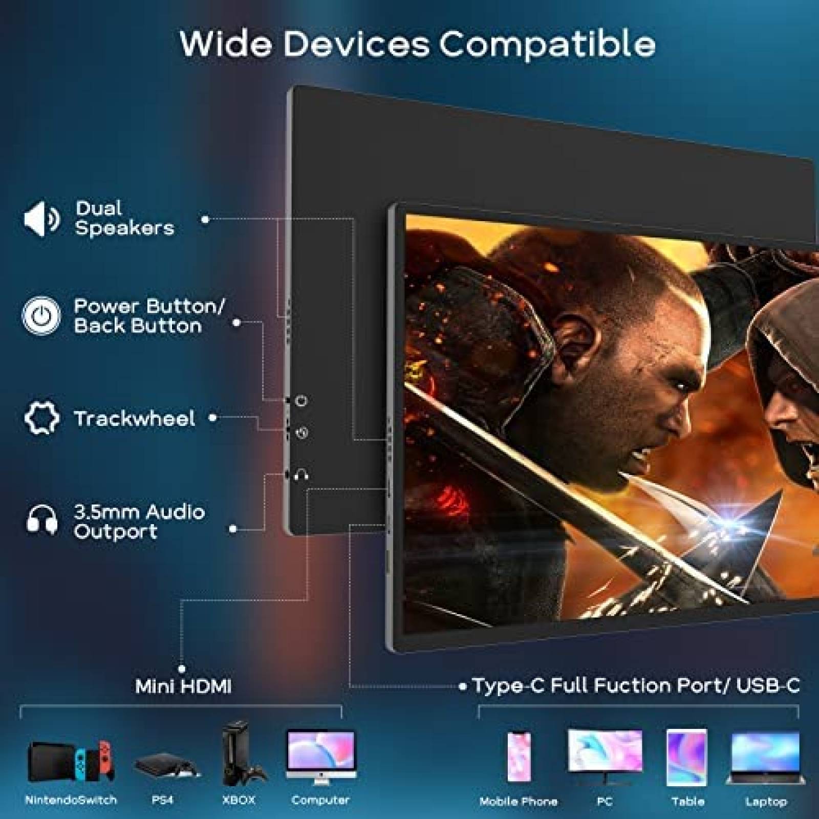 Monitor Portatil AYY 16'' 2K 120Hz 2560x1600 QHD HDMI USB-C