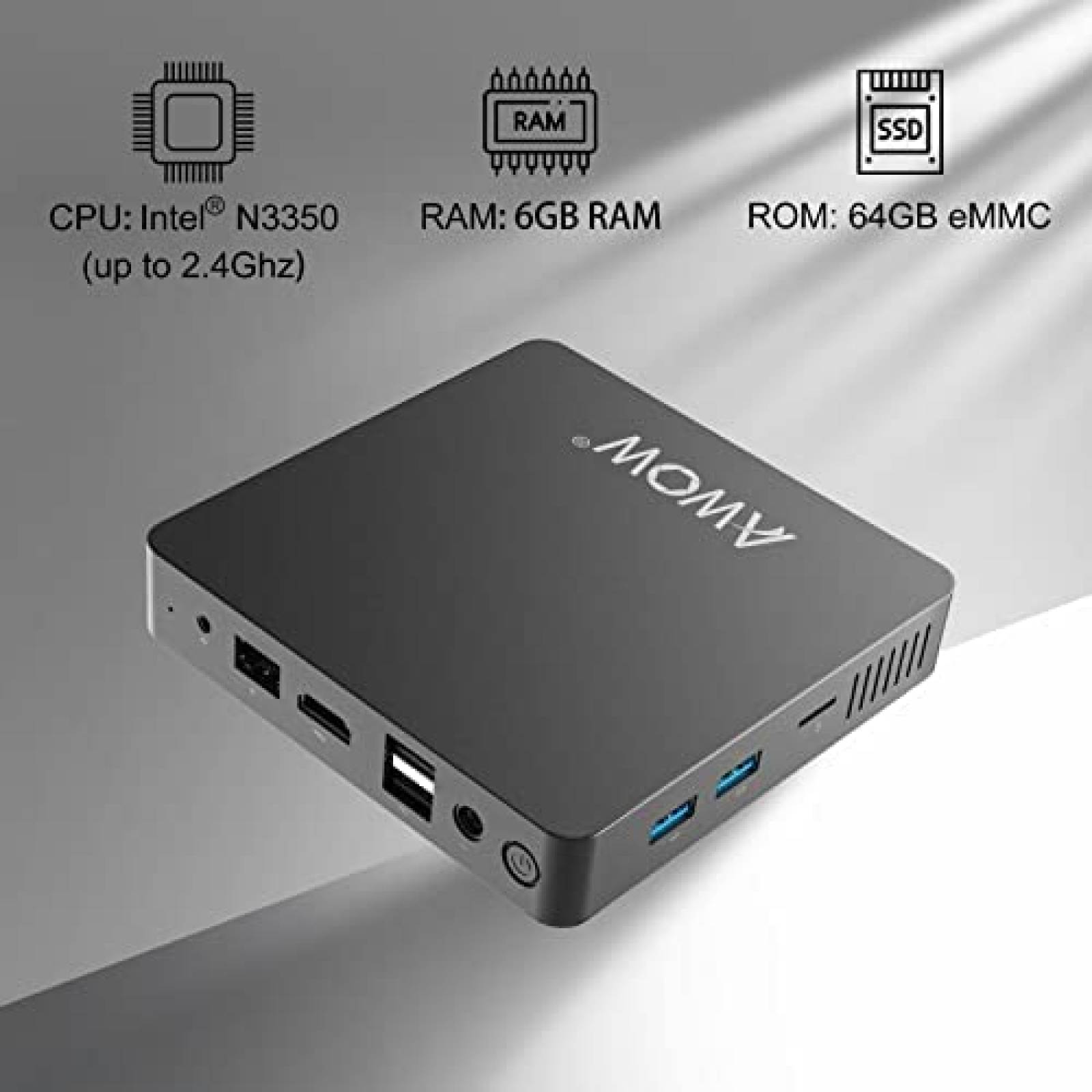 Mini PC AWOW Intel Celeron N3350 6GB RAM 64GB -Negro