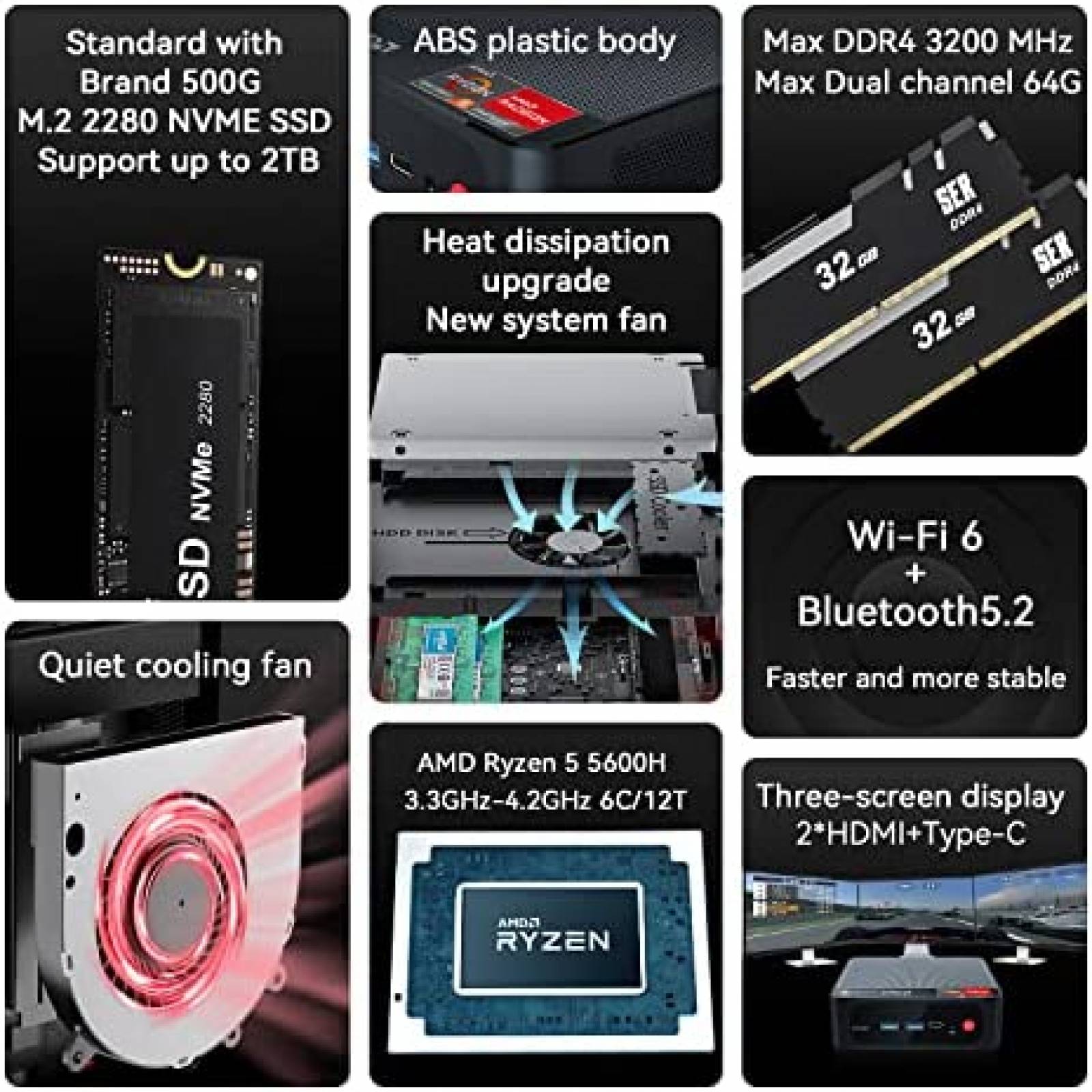 Mini PC Beelink SER5 Pro Ryzen 16GB 500GB USB HDMI WiFi