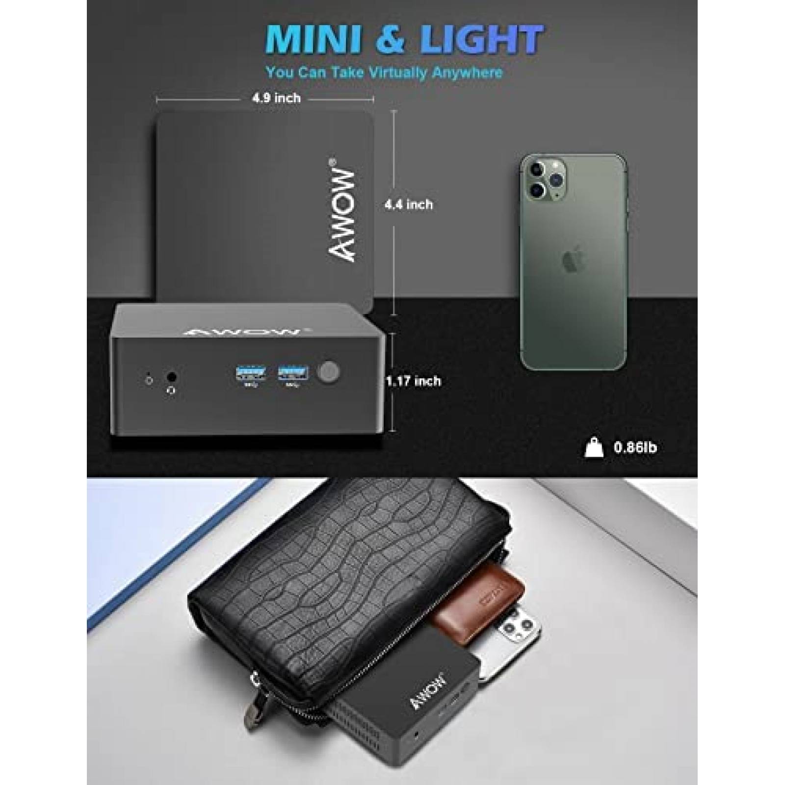 Mini PC AWOW Intel Celeron J3455 8GB DDR4 128GB SSD -Negro
