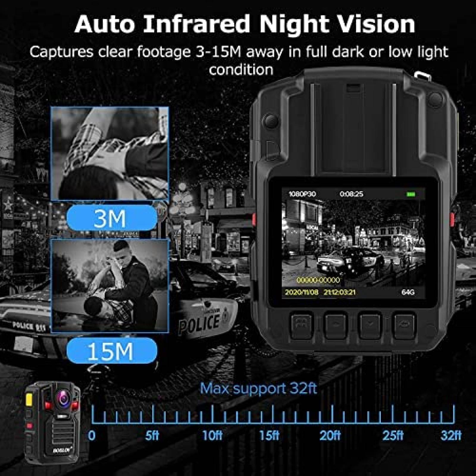 Camara Corporal BOBLOV HD66-02/D7 A Prueba De Agua -Negro