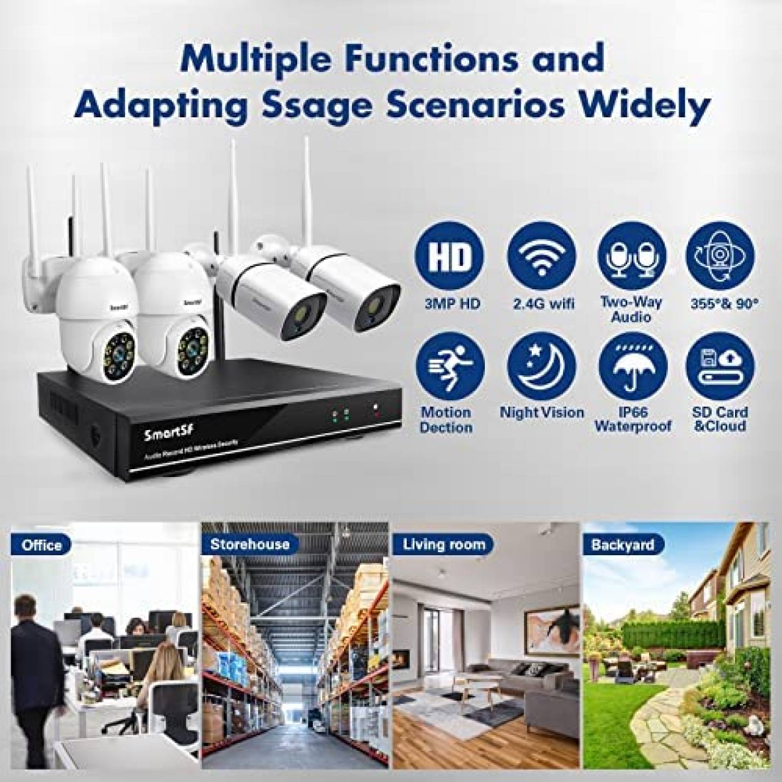 Kit Camara Seguridad SmartSF 4 Camaras 3 MP 8 Canales 1TB