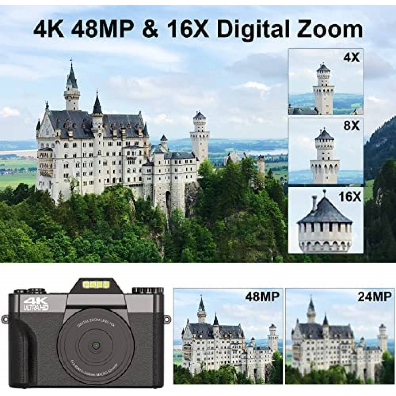 Camara Digital VETEK W01 4K 48MP 16X 32 GB Micro SD -Negro