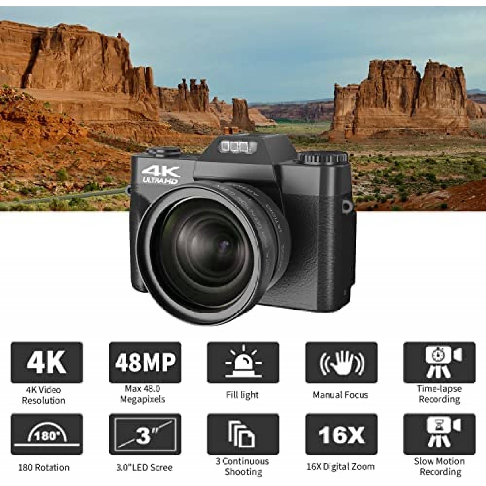 Camara Digital VETEK W01 4K 48MP 16X 32 GB Micro SD -Negro