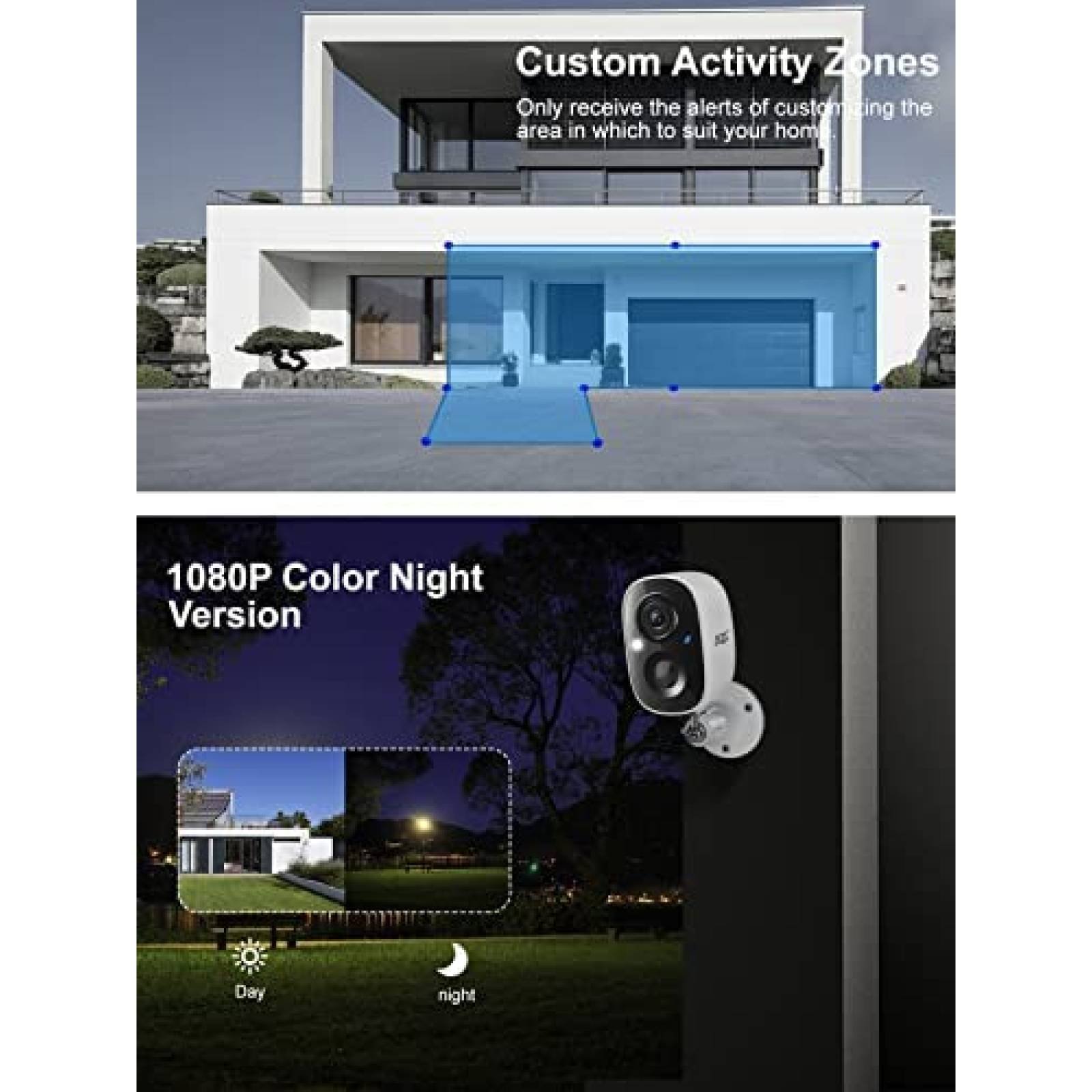  DCT Cámaras de seguridad Inalámbricas al aire libre Hogar:  Cámaras de batería WiFi para exterior 1080P Color Visión nocturna Cámaras  de vigilancia Detección de movimiento Cámaras de vigilancia Audio :  Electrónica