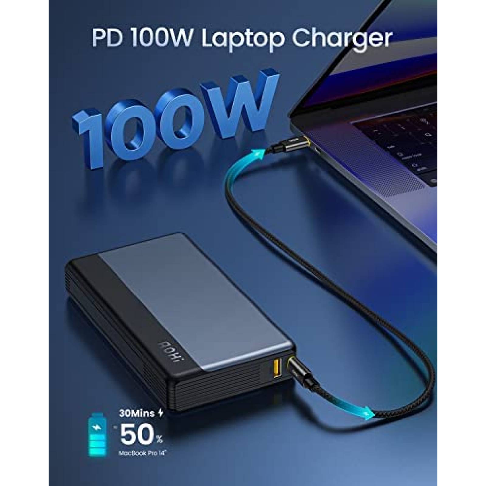 Bateria Portatil AOHI 100W 30000mAh USB C para Laptop -Negro