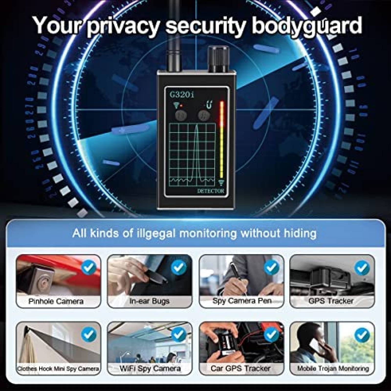 Detector GPS Vaoecms Anti Espia RF Radio Frecuencia -Negro