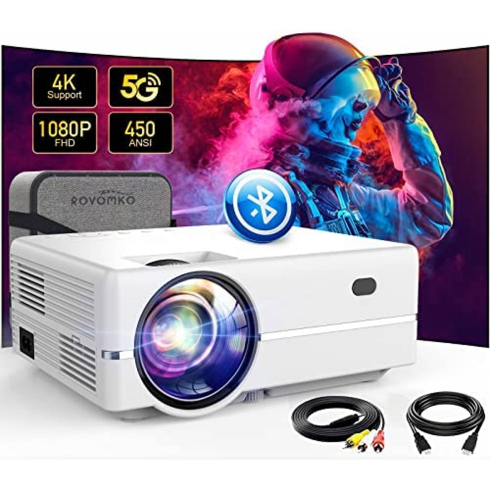 Proyector ROVOMKO 550 ANSI 16000 Lumenes 1080p 4K -Blanco