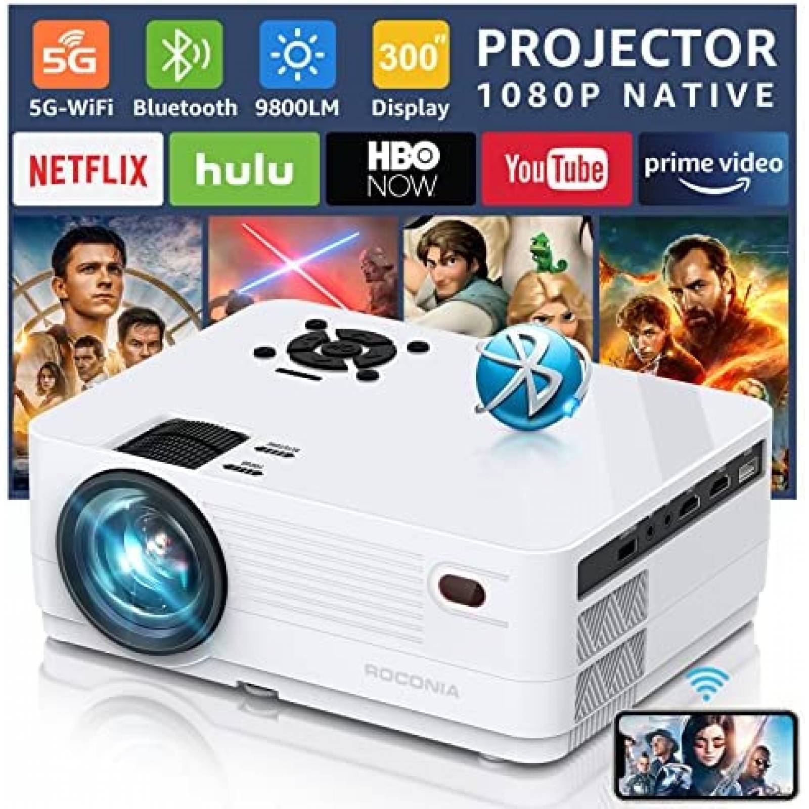 Proyector Roconia 9000 Lumenes 1080p 5G WiFi FHD -Blanco