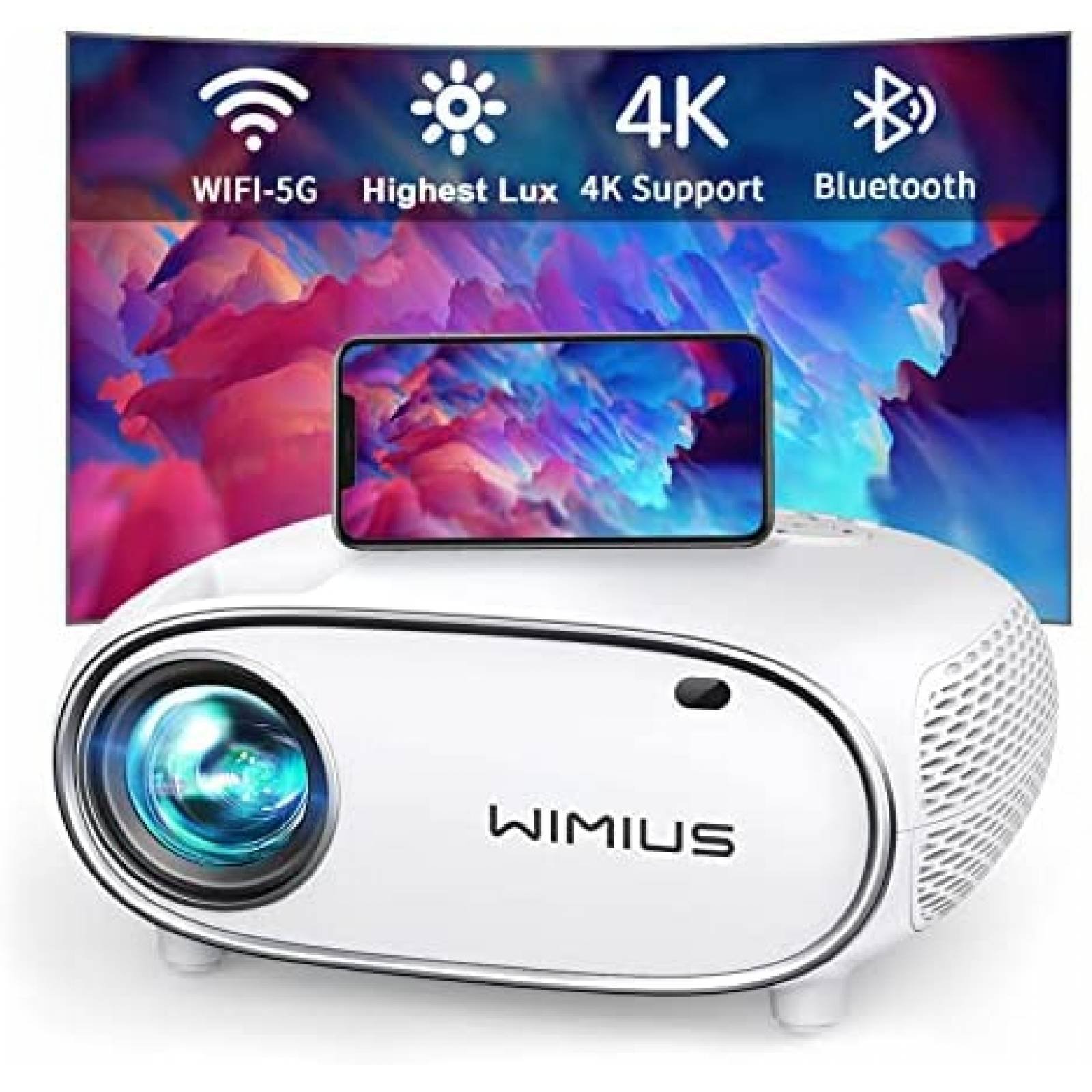 Proyector WiMiUS 4K WiFi Bluetooth 5.2 1080p 500'' -Blanco