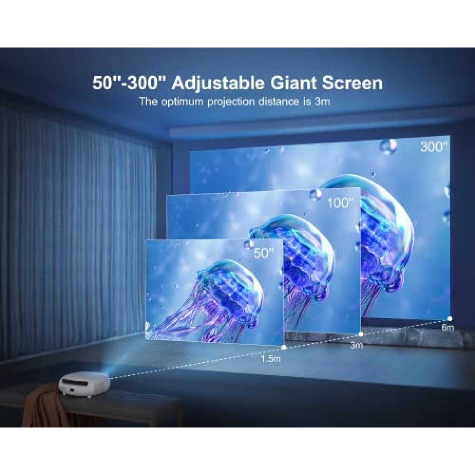 Proyector WiMiUS 4K WiFi Bluetooth 5.2 1080p 500'' -Blanco