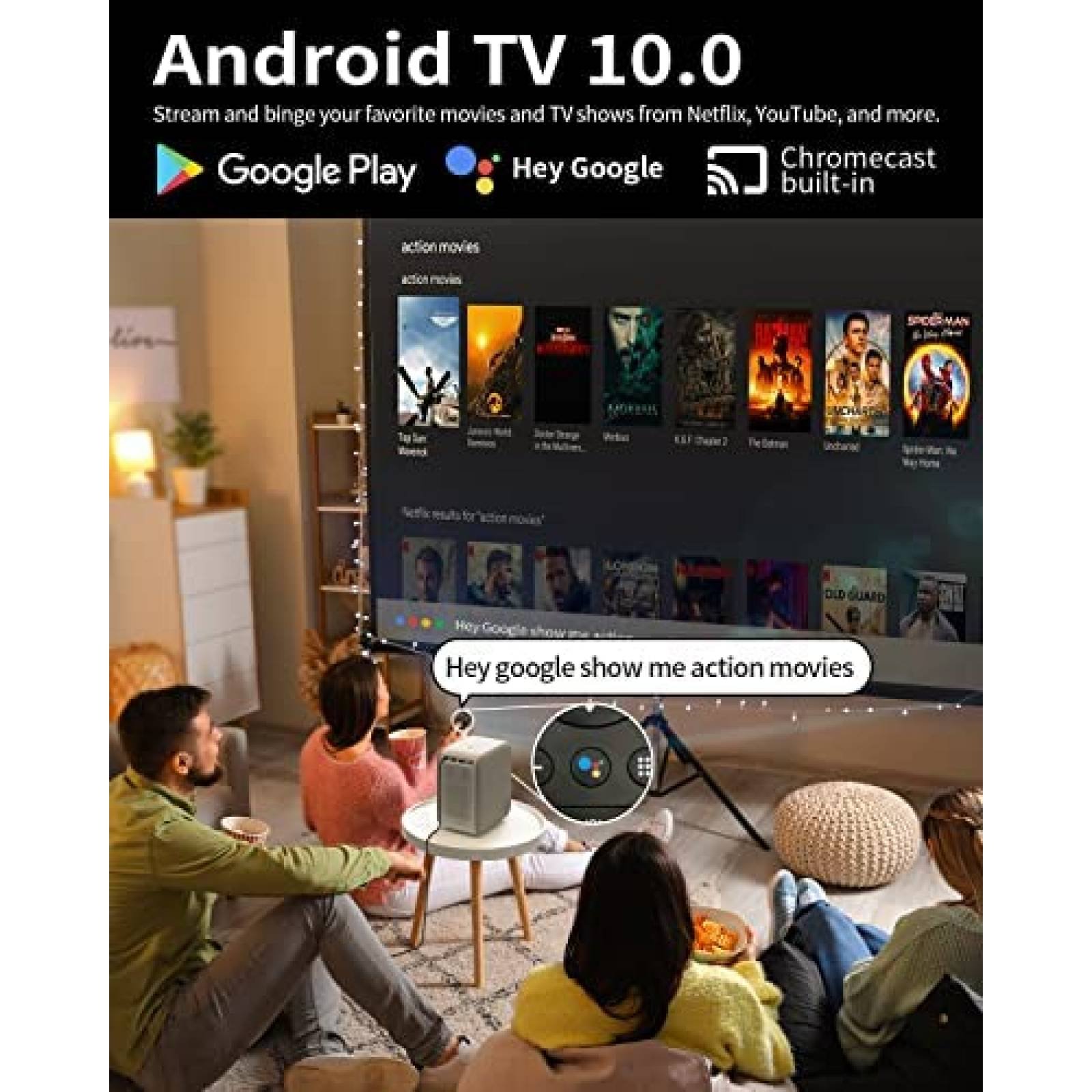 Android TV 10.0 Native 1080P Proyector portátil para exteriores e  interiores, proyector inteligente etoe con Netflix, Google Play, Chromecast  y