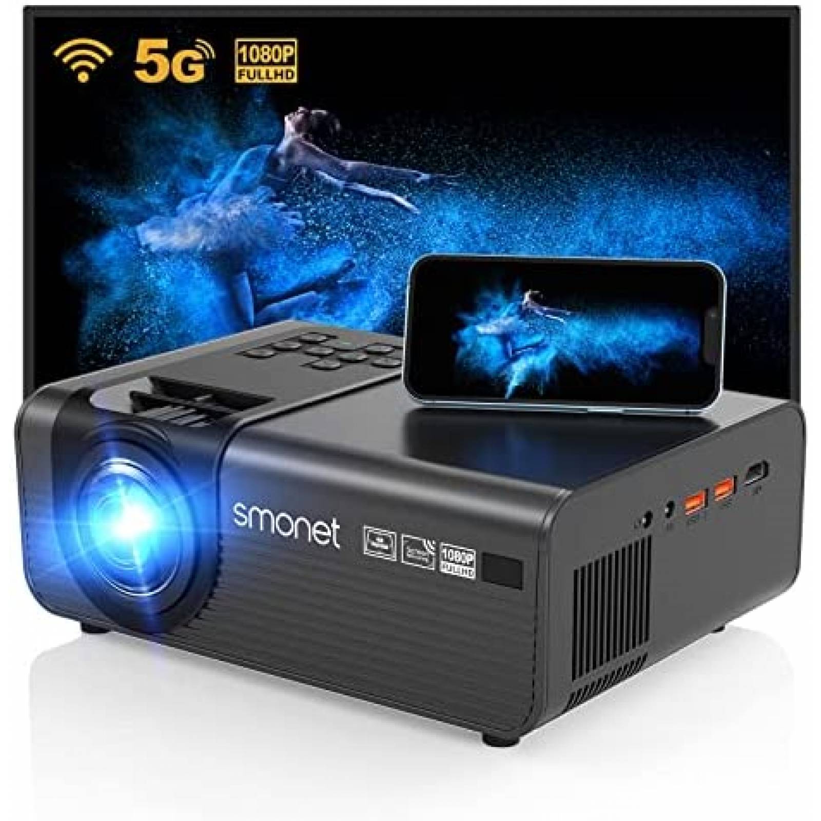 Proyector SMONET 9500 Lumenes 1080p 4K WiFi Bluetooth -Negro