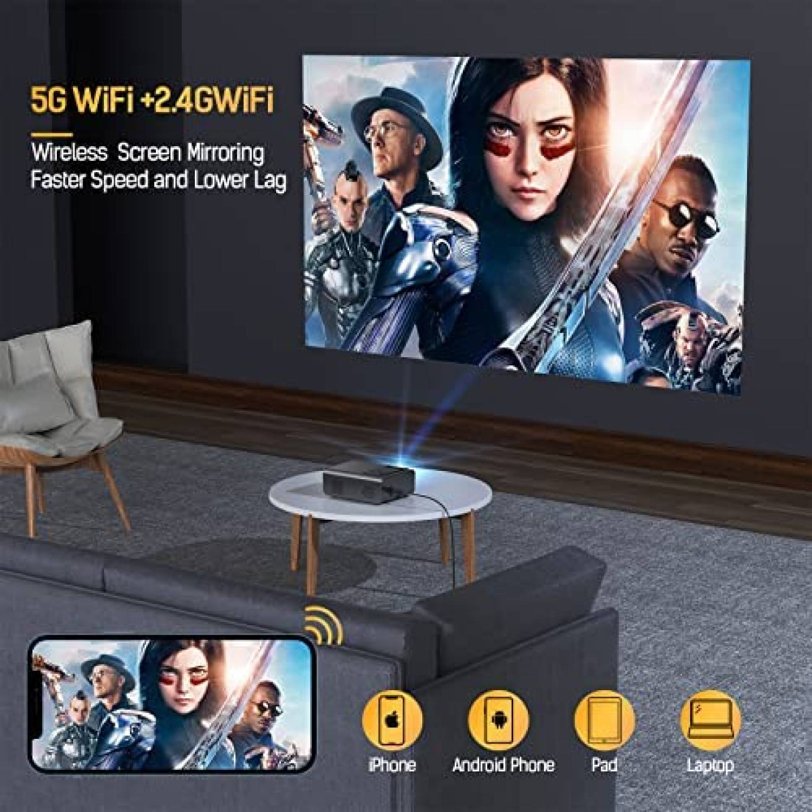 Proyector SMONET 9500 Lumenes 1080p 4K WiFi Bluetooth -Negro
