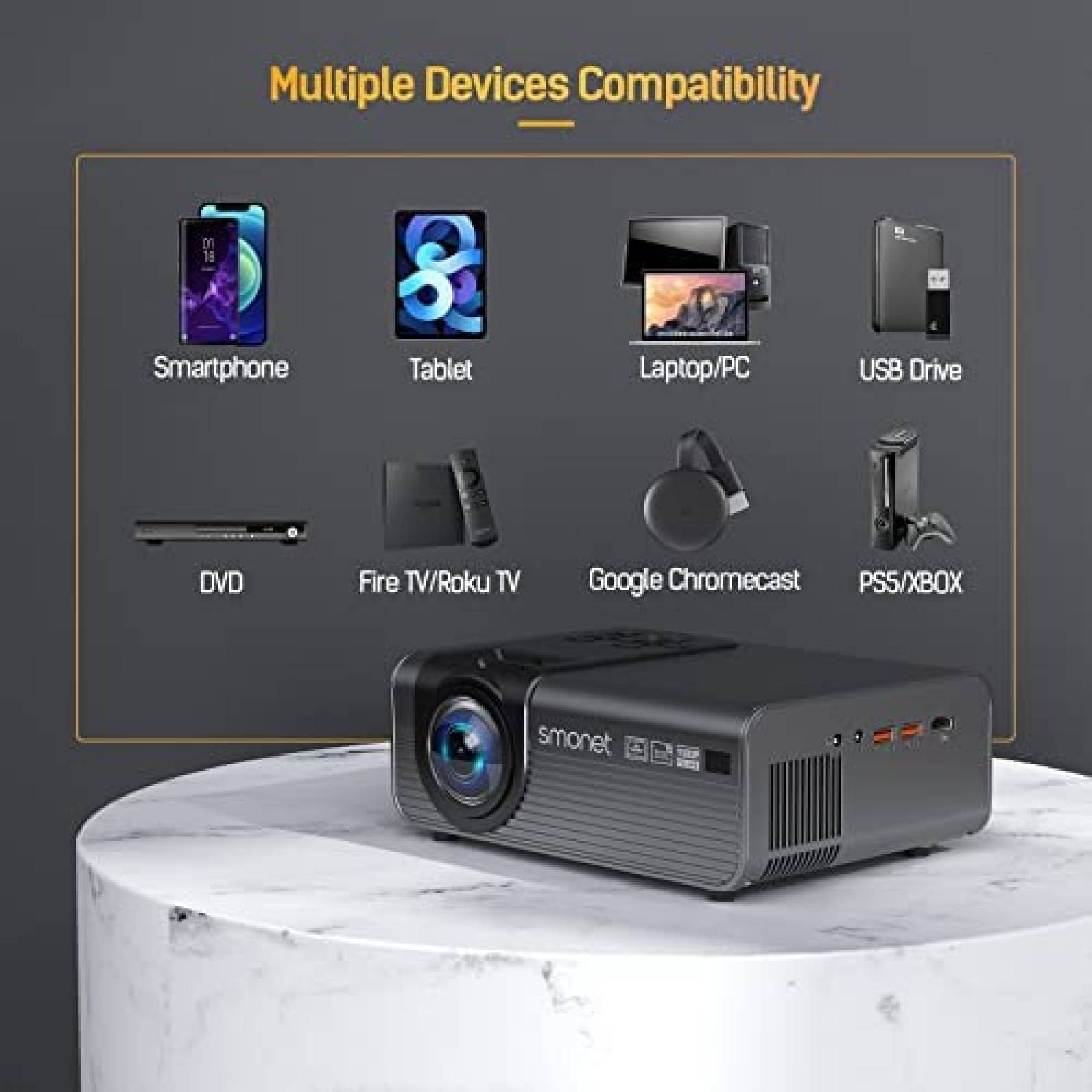 Proyector SMONET 9500 Lumenes 1080p 4K WiFi Bluetooth -Negro